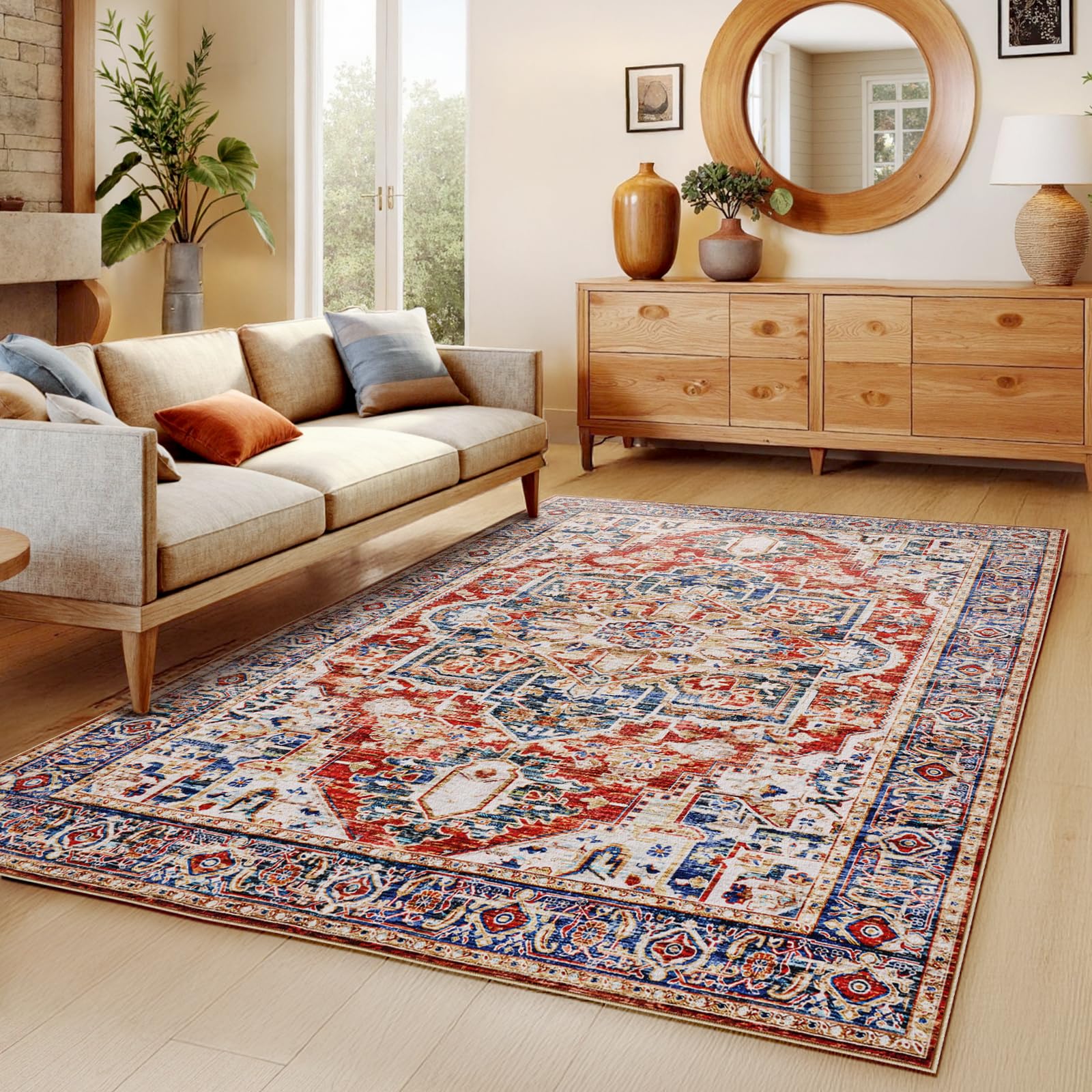 AMADA HOMEFURNISHING 3x5 Area Rugs, Washable Living Room Rug Low-Profile with Non-Slip Backing & Durable Edge Binding, Vintage 5x7 Rugs for Living Room, Bedroom, Dinning Room