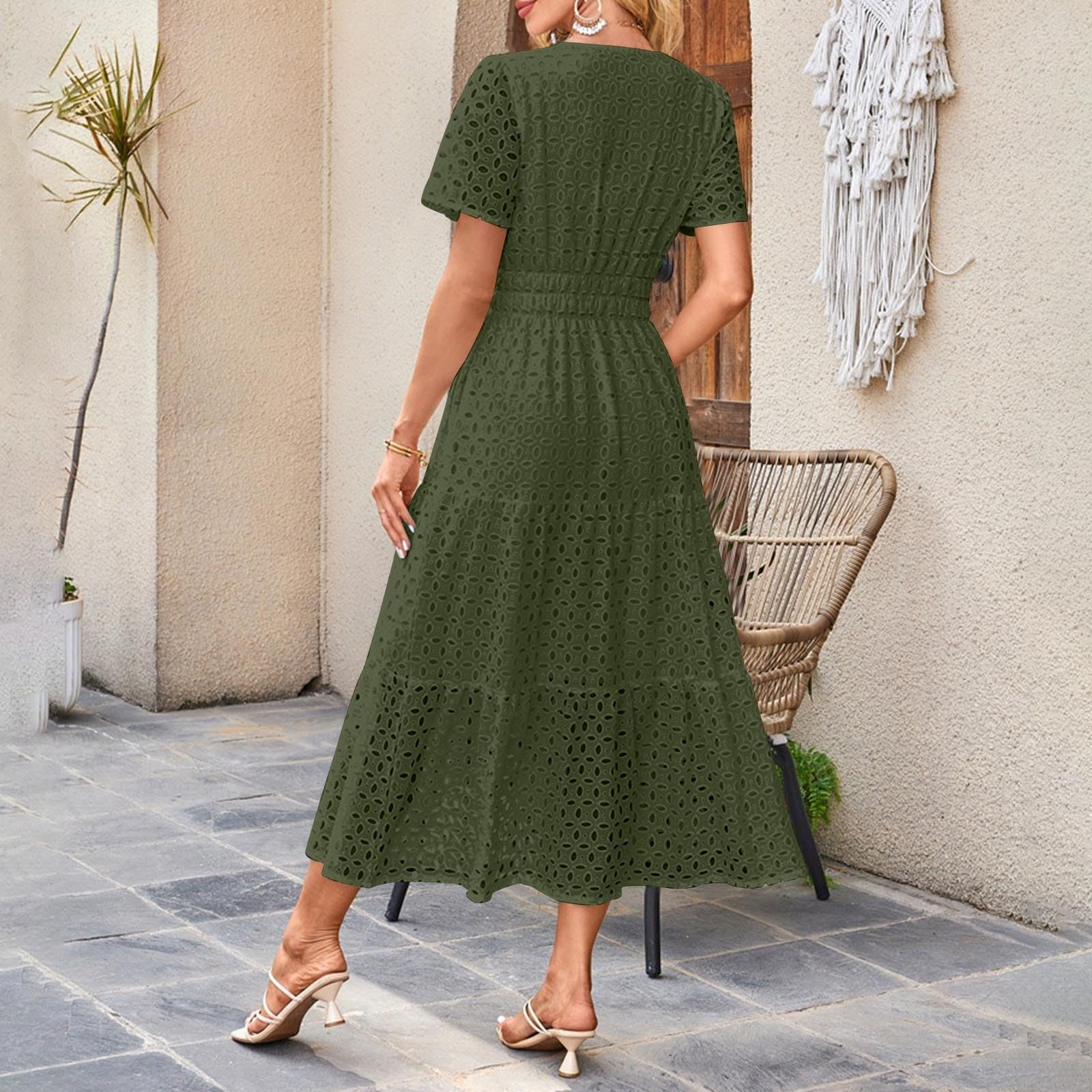 Vestidos Verano Mujer 2025,Vestido Largo Mujer Verano Elegante Cintura Alta Vestido Verano de Cuello en V Color Sólido Maxi Hueco Vestido Playa Vacaciones Diario Ligero Cómodo Dress de Algodón
