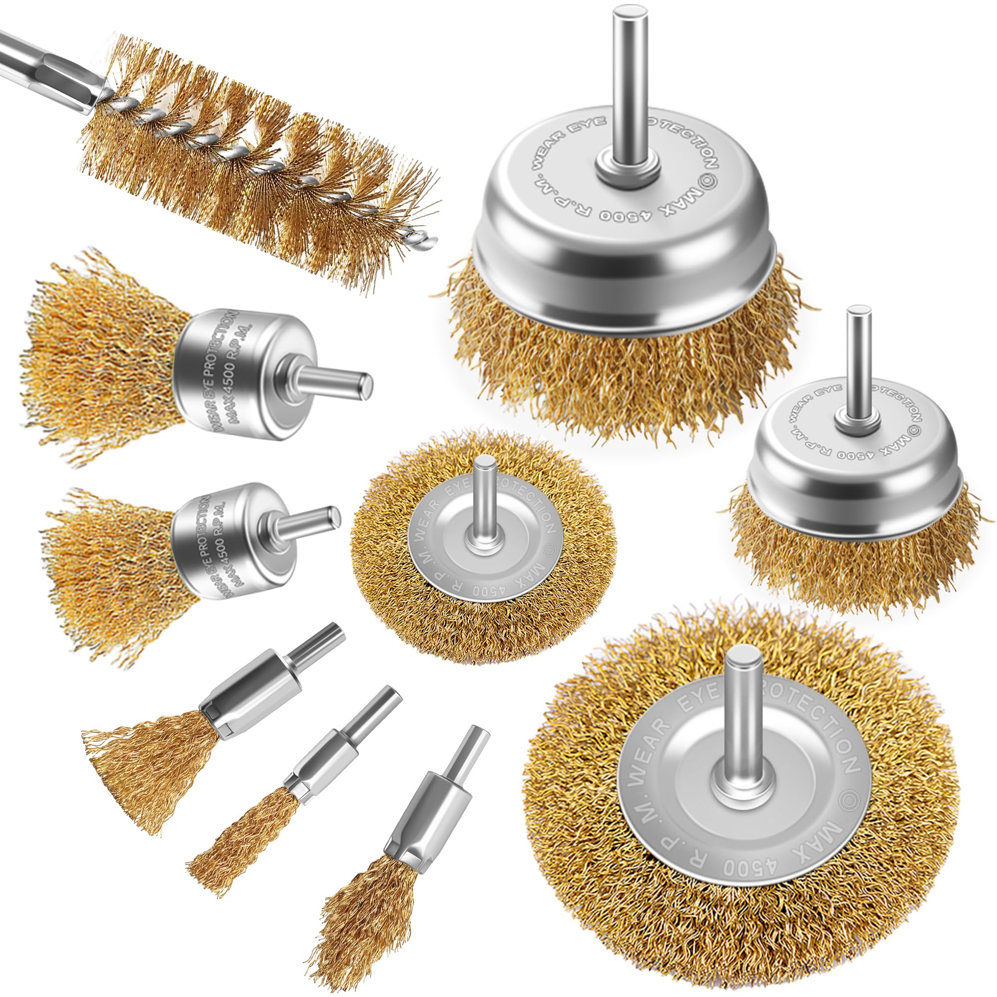 Wire Wheel Brush Drill 10 Piece Set, Brass Coated Wire Brush Wheel Set with 1/4-Inch Shank Brush Kit Cup Brush and Tube Brush Kit for Cleaning, Rust Removal, Polishing, Deburring & Paint Removal