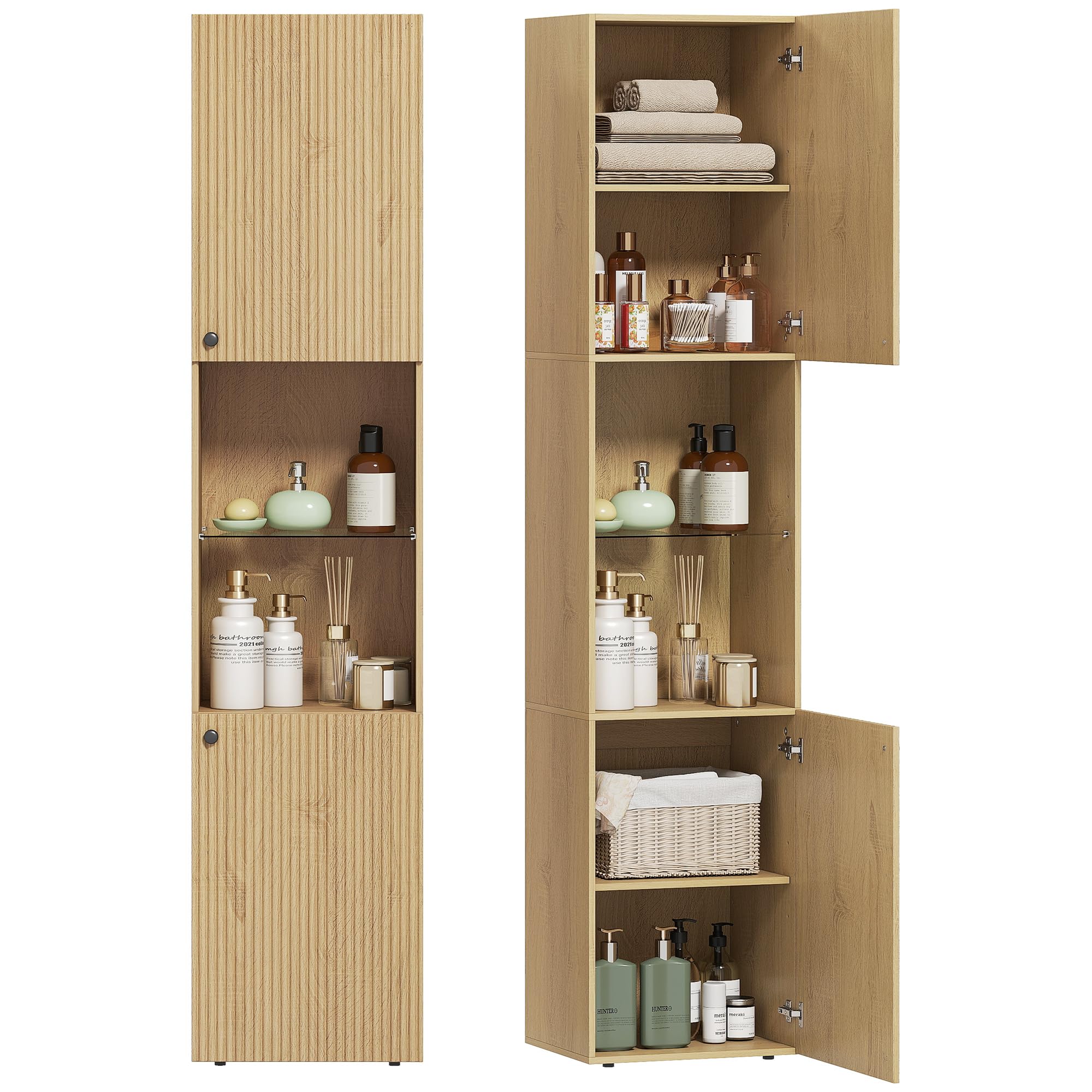 HOMCOM Meuble Colonne Salle de Bain, Meuble de Rangement étroit 6 Niveaux, 2 Portes, Compartiments Ouverts, étagère Verre trempé, étagères réglables, pour Toilette, Petits espaces, 40x31x182cm, chêne