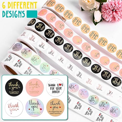 Miniatura 2 de 3000 calcomanías de agradecimiento, 6 rollos de calcomanías de agradecimiento de 1 pulgada para pequeñas empresas con 6 diseños, suministros para