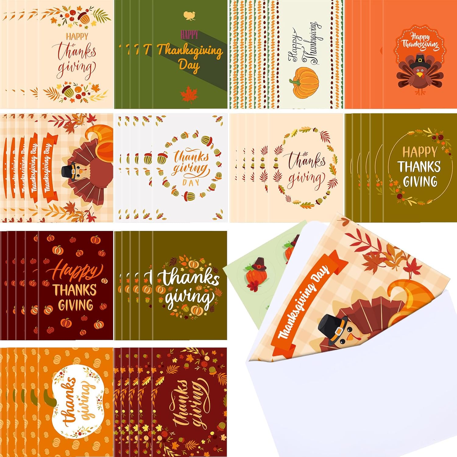 Jetec 240 Pcs Thanksgiving Greeting Cards with Envelopes Bulk Fall Greeting Cards Vintage Turkey Pumpkins Greeting Cards Thank You Cards for Fall Autumn Holiday, Harvest Wedding Dinner