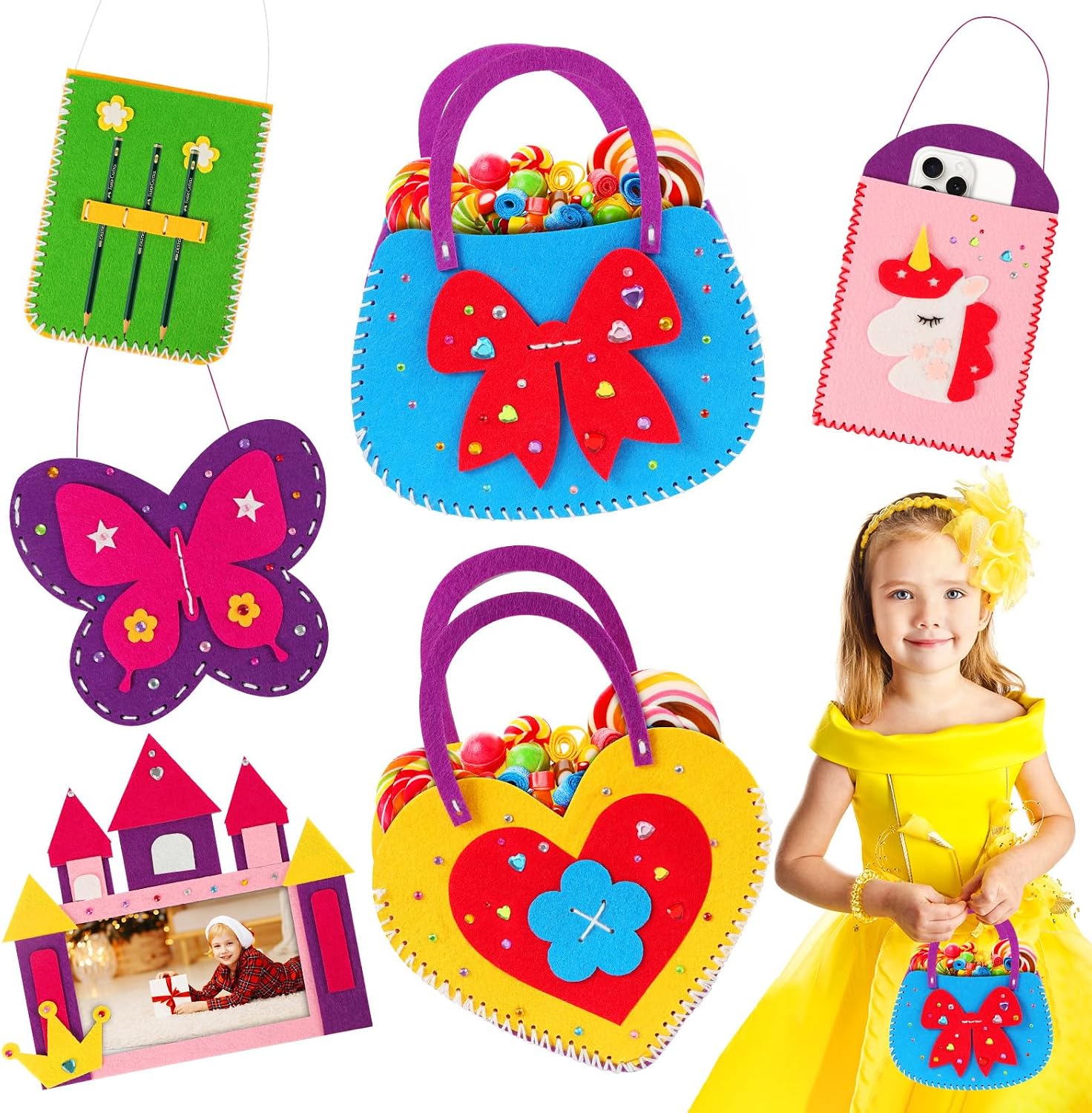 Vicloon 6PCS Confezione da Cucito in Feltro per Bambini, Kit Fai Da Te in Feltro, Bambini Regali Creativi e Materiali Artigianato, Kit da Cucire Set per Bambini Educativi e Principianti (Borsetta)