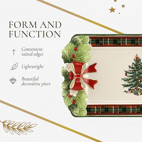 Miniatura 6 de Spode Bandeja de tartán con figuras de árbol de Navidad, bandeja festiva de 12 pulgadas con borde de tartán, bandeja de servir de Navidad, loza
