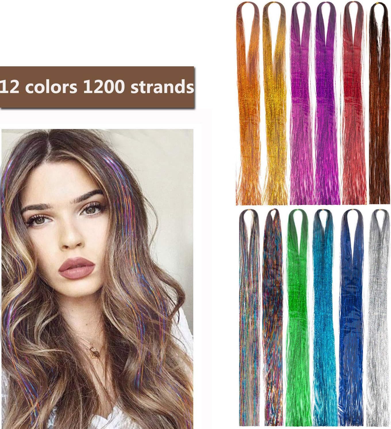 Hair Tinsel 1200 Strands -Sparkling & Shiny Hair Tinsel Extensions Colored Party Highlights Glitter Extensions Multi-Colors Hair Streak Bling Hairpieces (12 Colors)