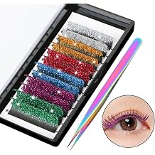 Colored Glitter Lash Extensions, UHOMENY 6 Color False Lashes for Eyelash Extensions D Curl Cosplay Eye Lashes Individual Lashes Self Fanning Eyelash Extension with Tweezers, 0.15D, Mix 15-20mm
