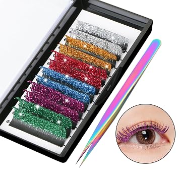 Colored Glitter Lash Extensions, UHOMENY 6 Color False Lashes for Eyelash Extensions D Curl Cosplay Eye Lashes Individual Lashes Self Fanning Eyelash Extension with Tweezers, 0.15D, Mix 15-20mm