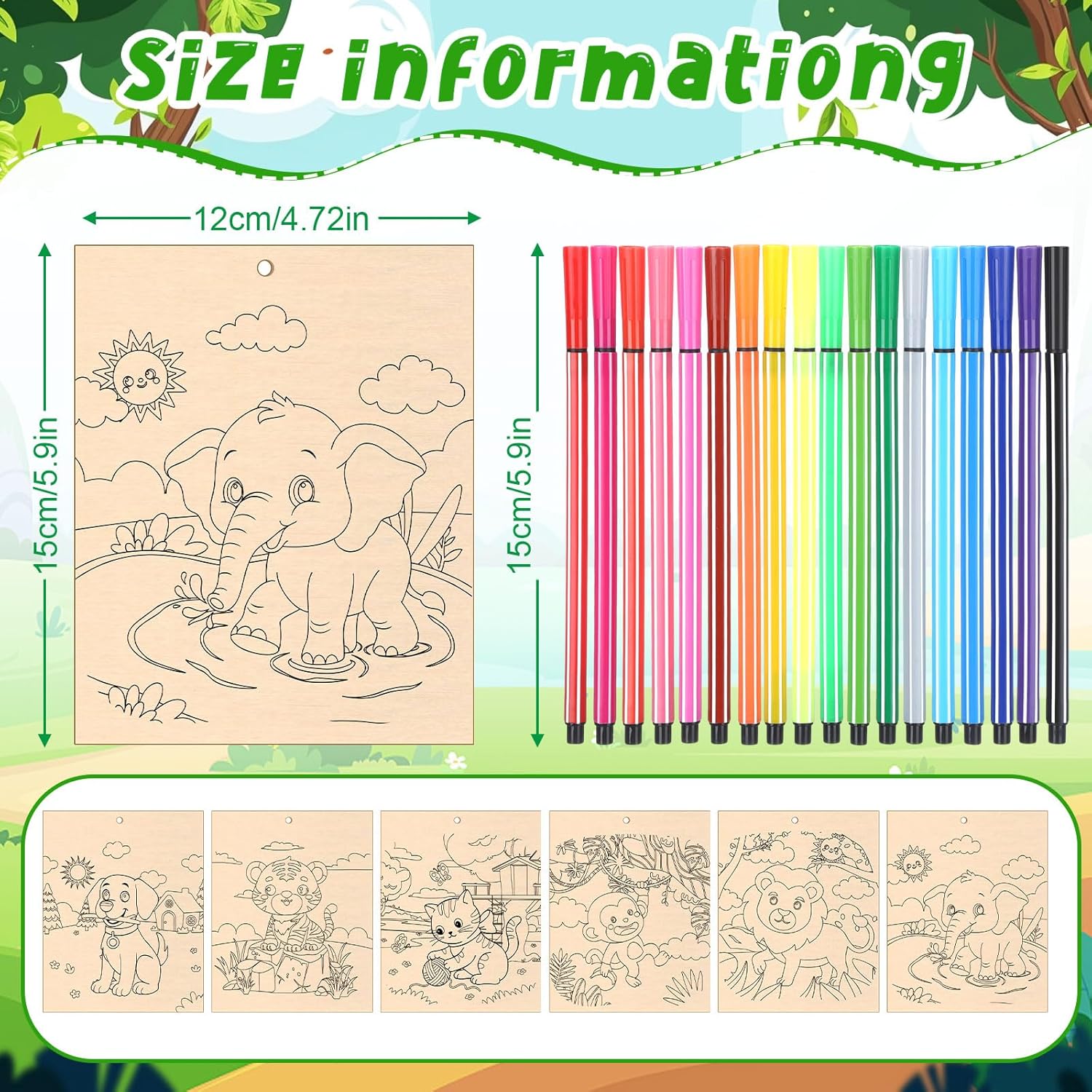 Watersay 60 Pcs Large Painting Gift for Kids 5.9" x 4.7" DIY Craft Kits Unfinished Wood Ornament for Adult, 6 Designs, Pre-drilled Wood Slices with 60 Watercolor Markers & 12" Jute Strings(Animal)