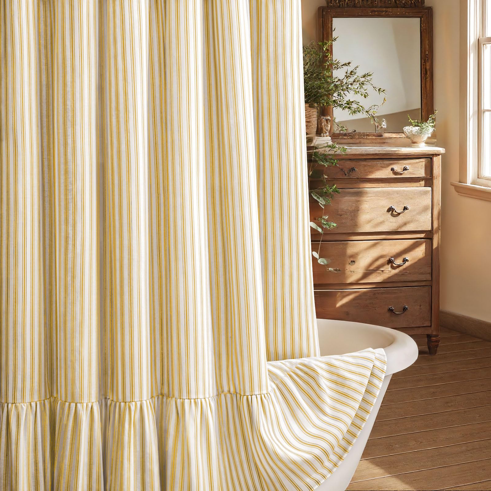 Farmhouse Shower Curtain Ruffle Linen Cream-Yellow Stripe 72"W x 78"L — image 1