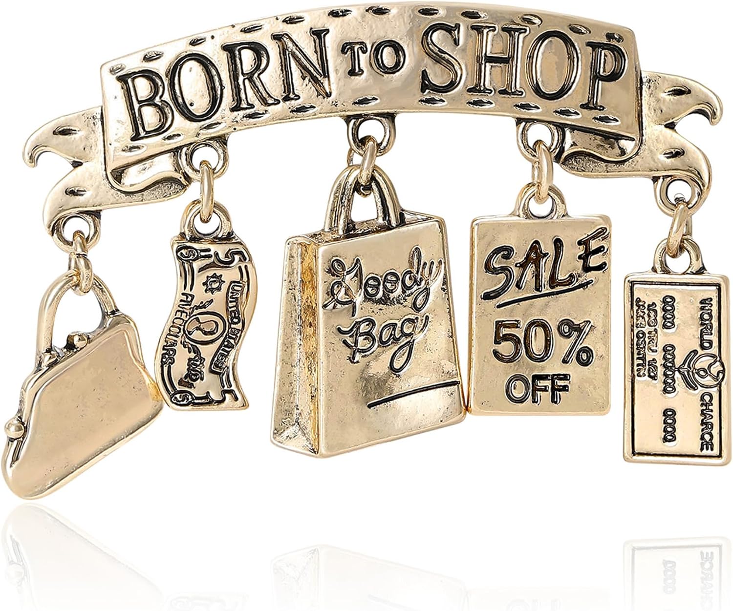 Born to Shop Brooch for Women Niche Unique Funny Design Dangling Tag Lapel Pins Vintage Statement Fashion Brooches Dress Suit Bag Accessories Trendy Jewelry for Mother Girlfriend