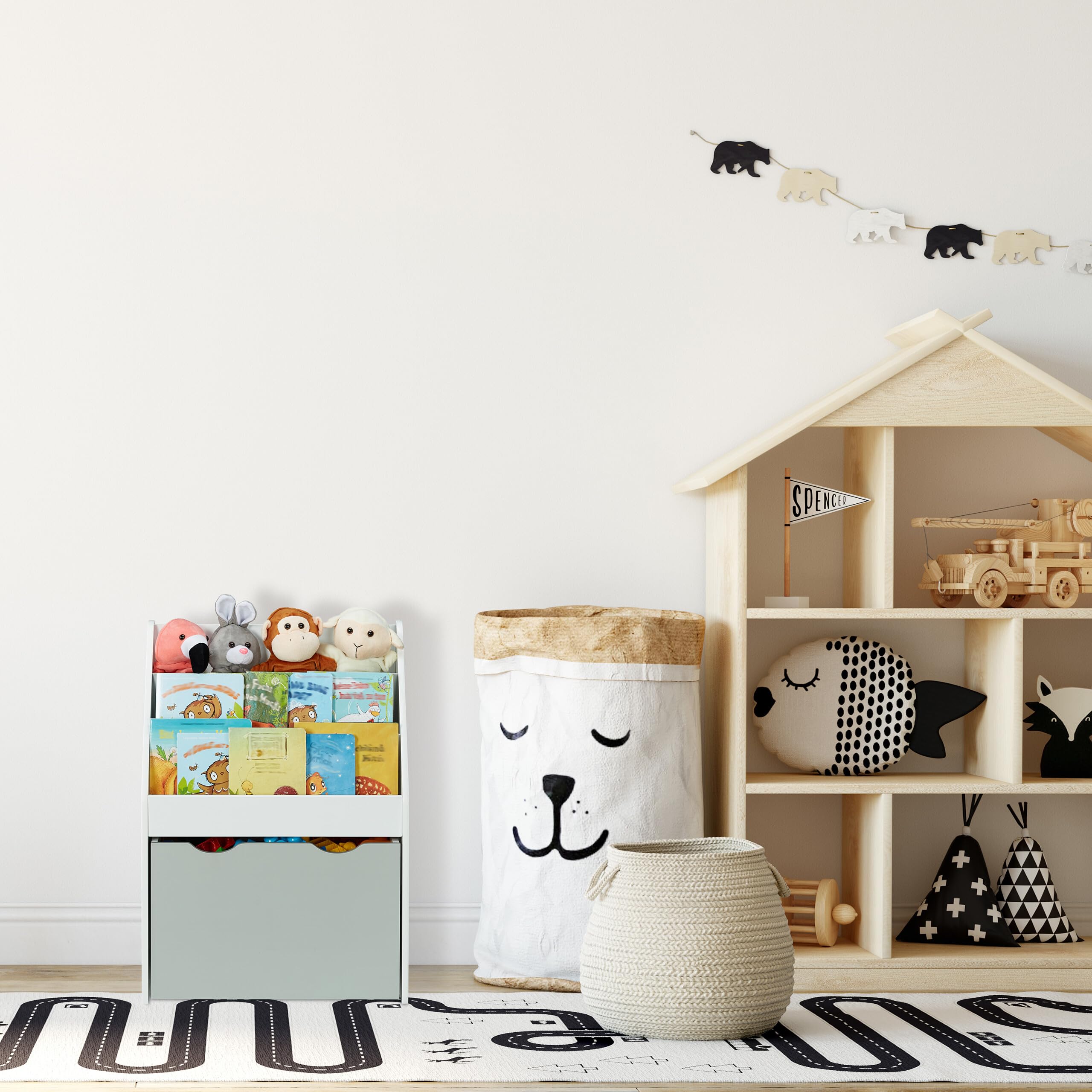 Relaxdays Kinderregal mit 3 Ablagefächern, Kiste mit Rollen, weiß/grau