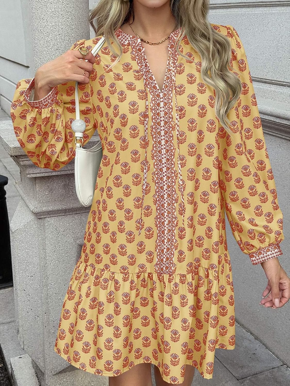 Wenrine Womens Long Sleeve Casual Mini Dress Floral V Neck Ruffle Loose Fall Boho Babydoll Dresses with Pockets - Image 4