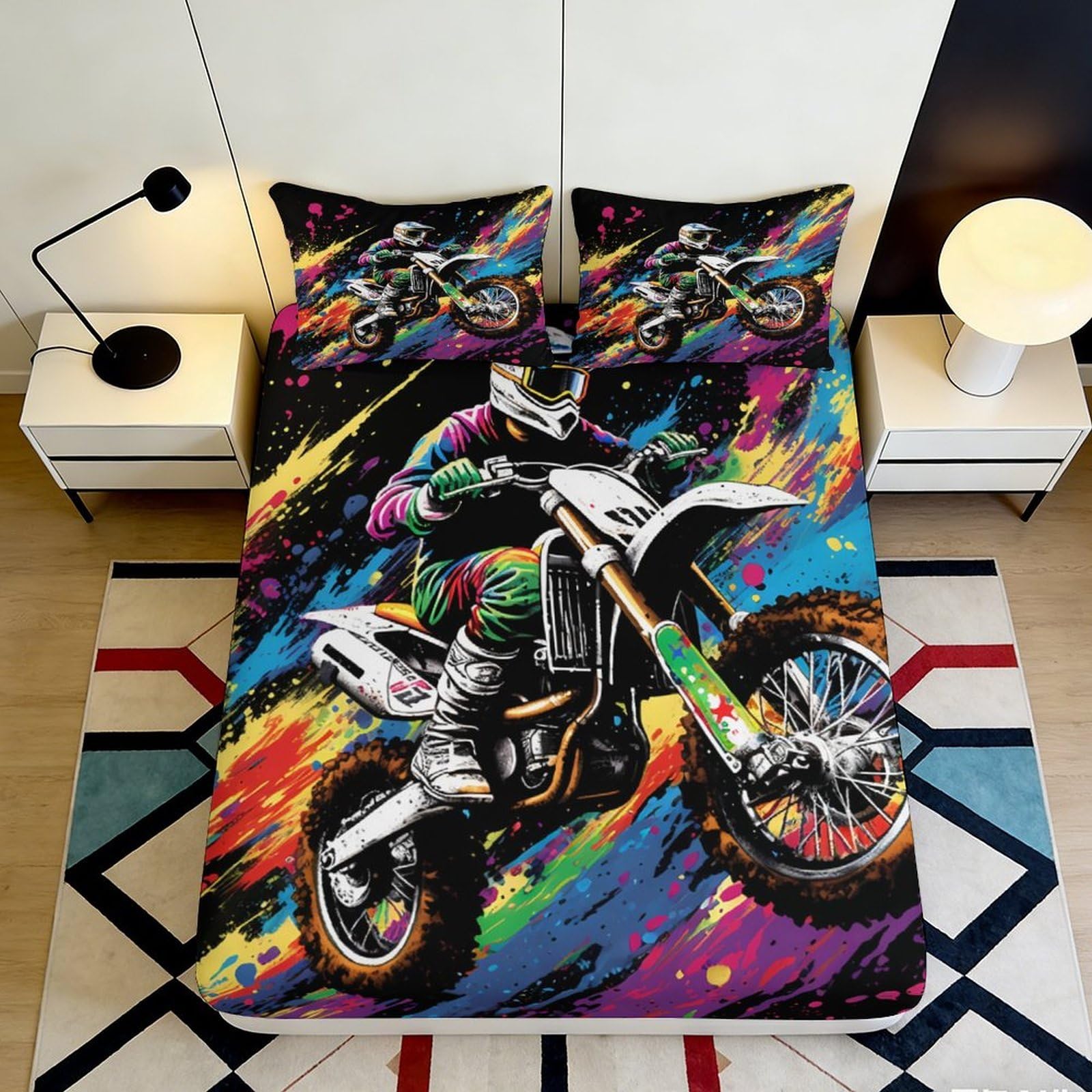 3D Printed Colorful Motocross Rider Fitted Sheet Microfiber Durable Bedding Vibrant Dirt Bike Mattress Cover for Bedroom Dormitory Guest Room Use 90x200x25cm