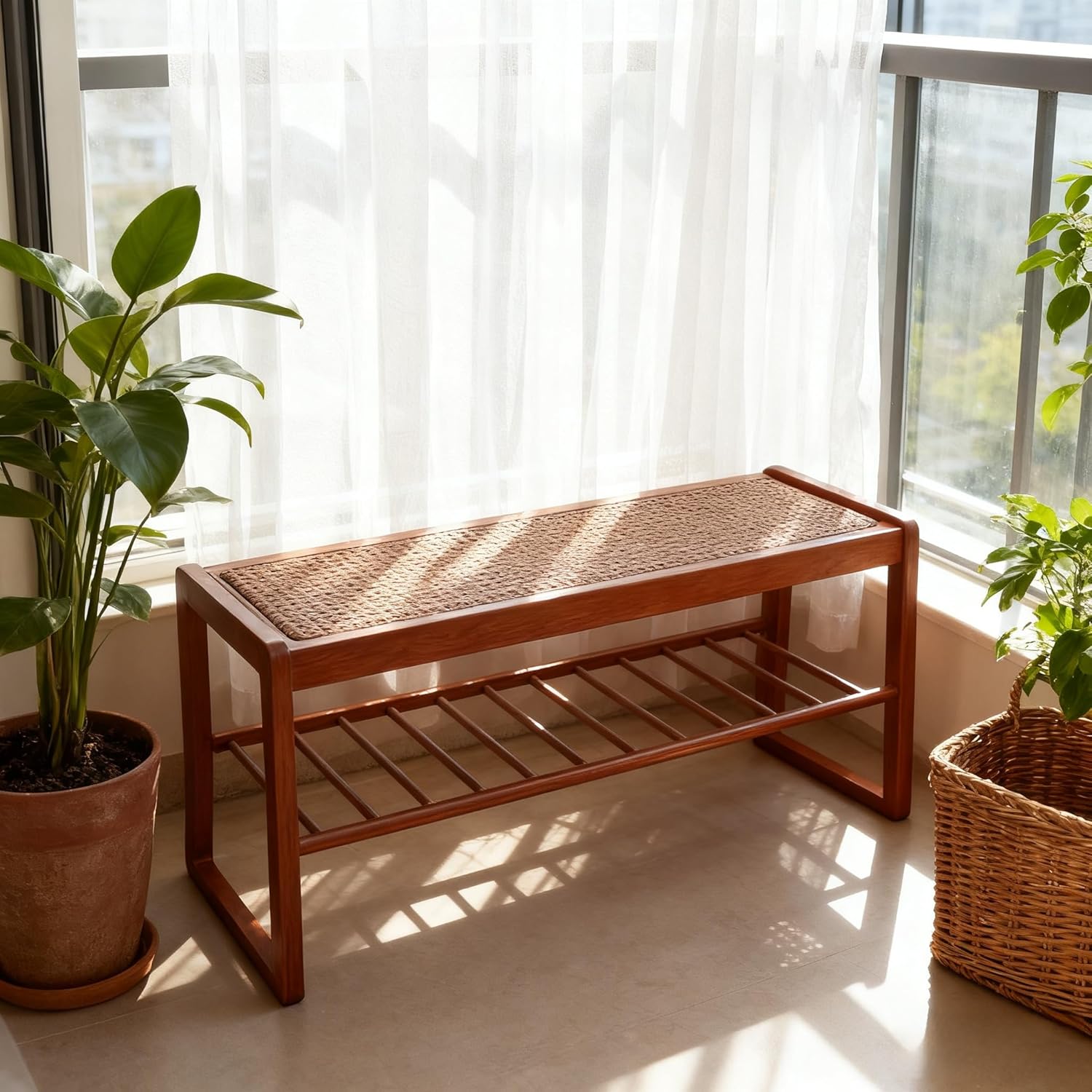 2-Tier Bamboo Shoe Rack Bench with Cushion - 39.4x16.5x13.9in Wooden Shoe Storage Bench for Entryway Hallway, 250lbs Load-Bearing (Walnut)