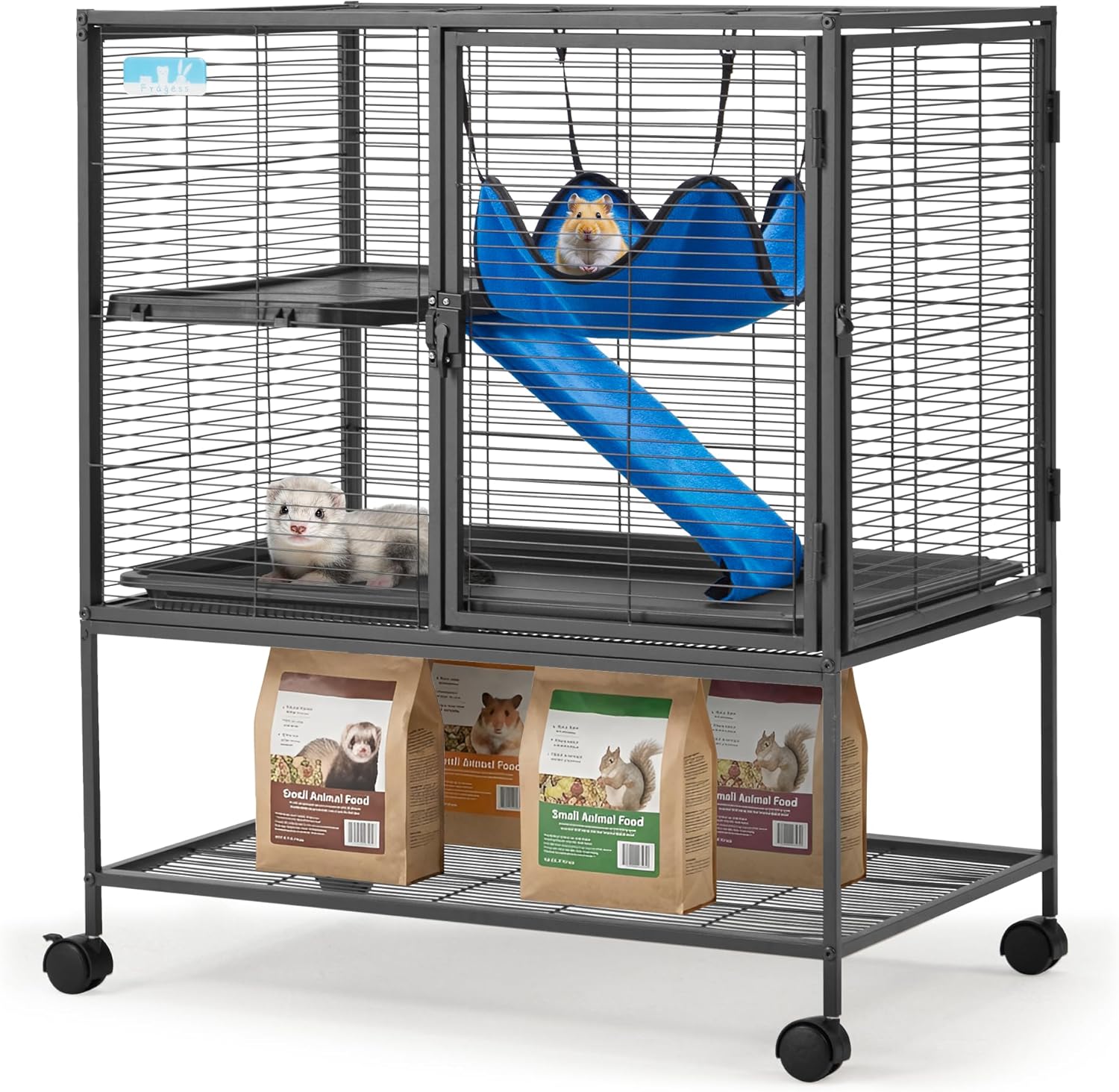 Large 36.5" Rolling Metal Cage, 2-Tier Small Animal Cage for Ferrets, Chinchillas, Rats, with 0.5'' Bar Spacing, Removable Ramp & Platform (Medium)