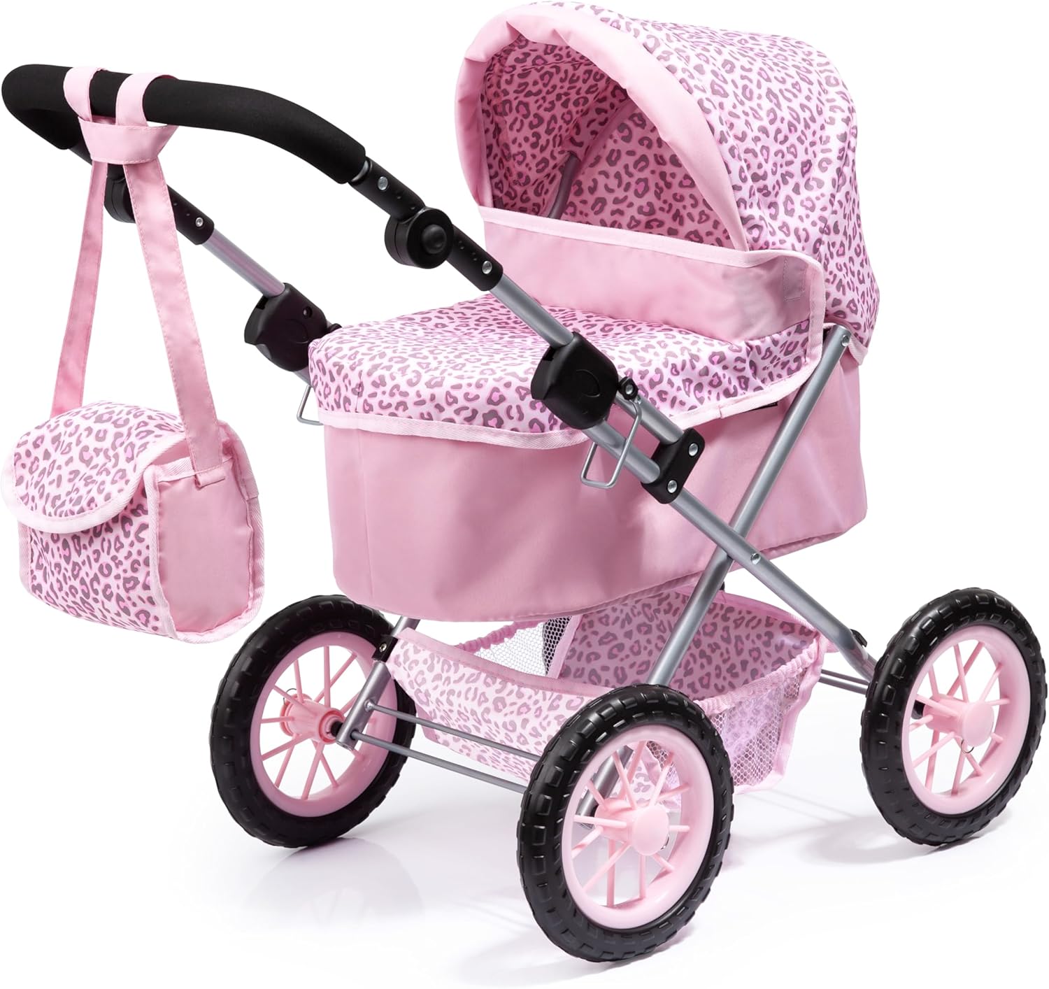 Bayer Trendy Pram - Pink Animal Print, Includes Shoulder Bag, Fits Dolls Up to 18", Adjustable Handle, Shopping Basket