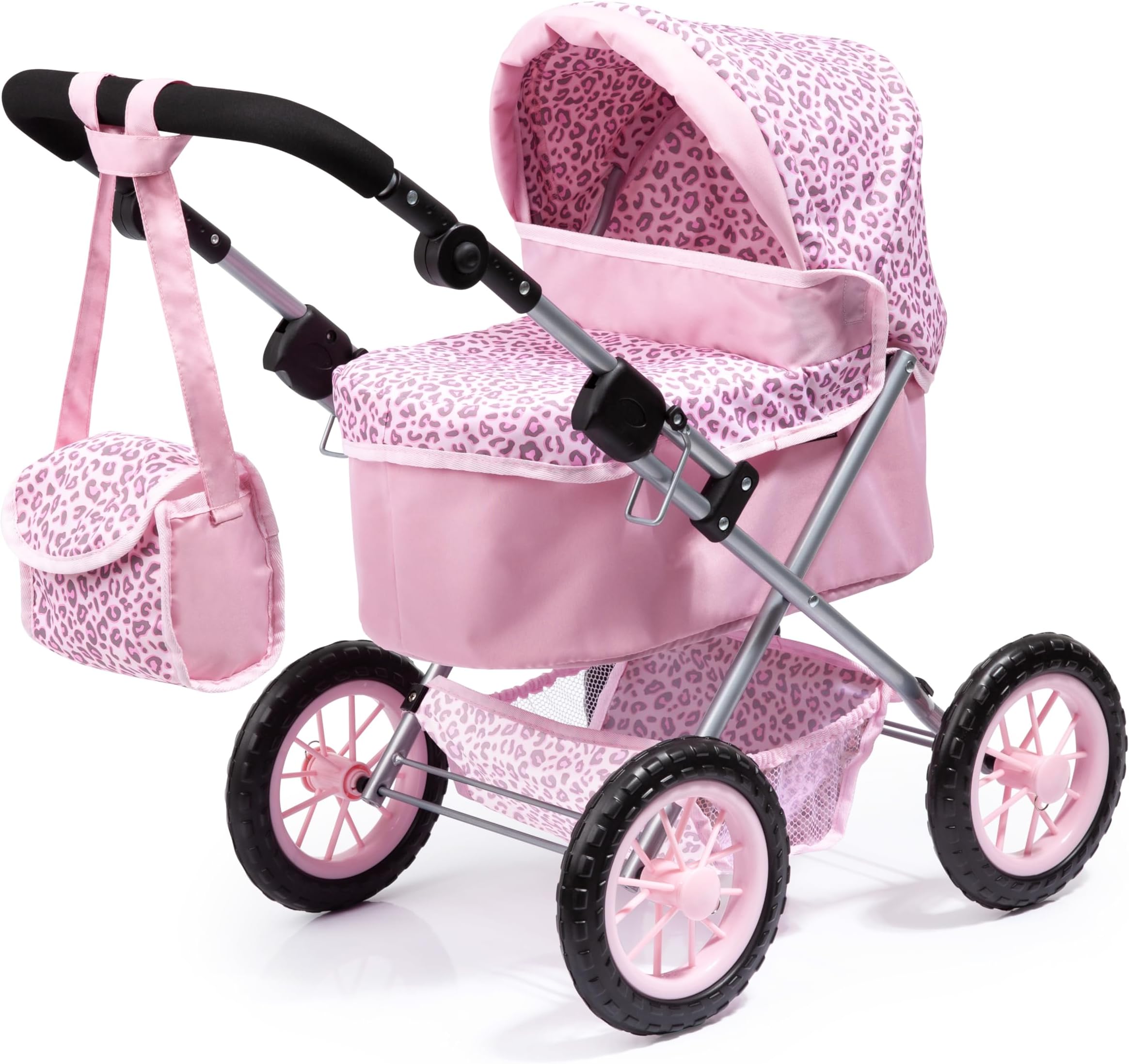 Bayer Design 13002AA Dolls Pram Trendy with Shoulder Bag, Underneath Shopping Basket, Foldable, Pink with Leopard Pattern