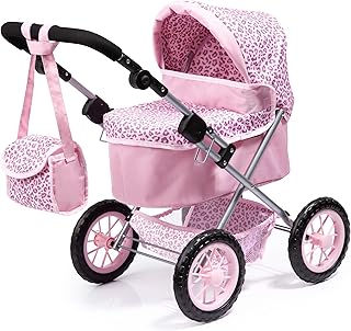 Bayer: Trendy Pram - Pink & Animal Print- Includes Shoulder Bag, Fits Dolls Up to 18", Adjustable Handle, Pretend Play, Shopping Basket