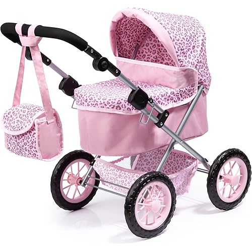 Bayer: Trendy Pram - Pink & Animal Print- Includes Shoulder Bag, Fits Dolls Up to 18", Adjustable Handle, Pretend Play, Shopping Basket