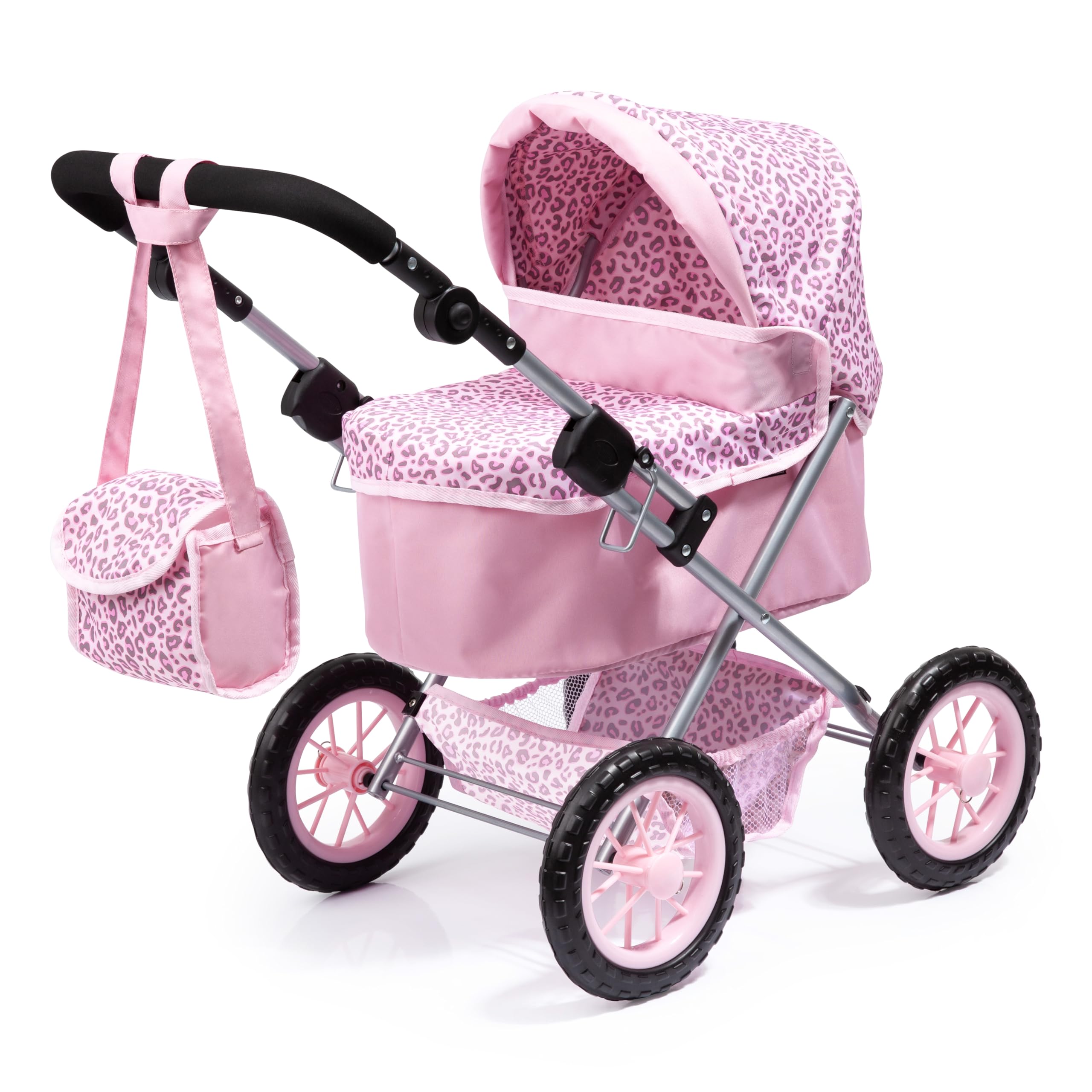 Bayer: Trendy Pram - Pink & Animal Print- Includes Shoulder Bag, Fits Dolls Up to 18", Adjustable Handle, Pretend Play, Shopping Basket