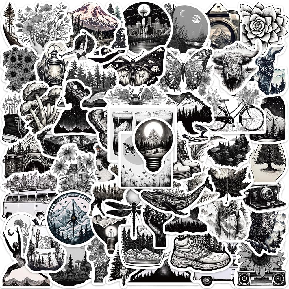 60Pcs Outdoor Stickers, Black and White Adventure Decals
