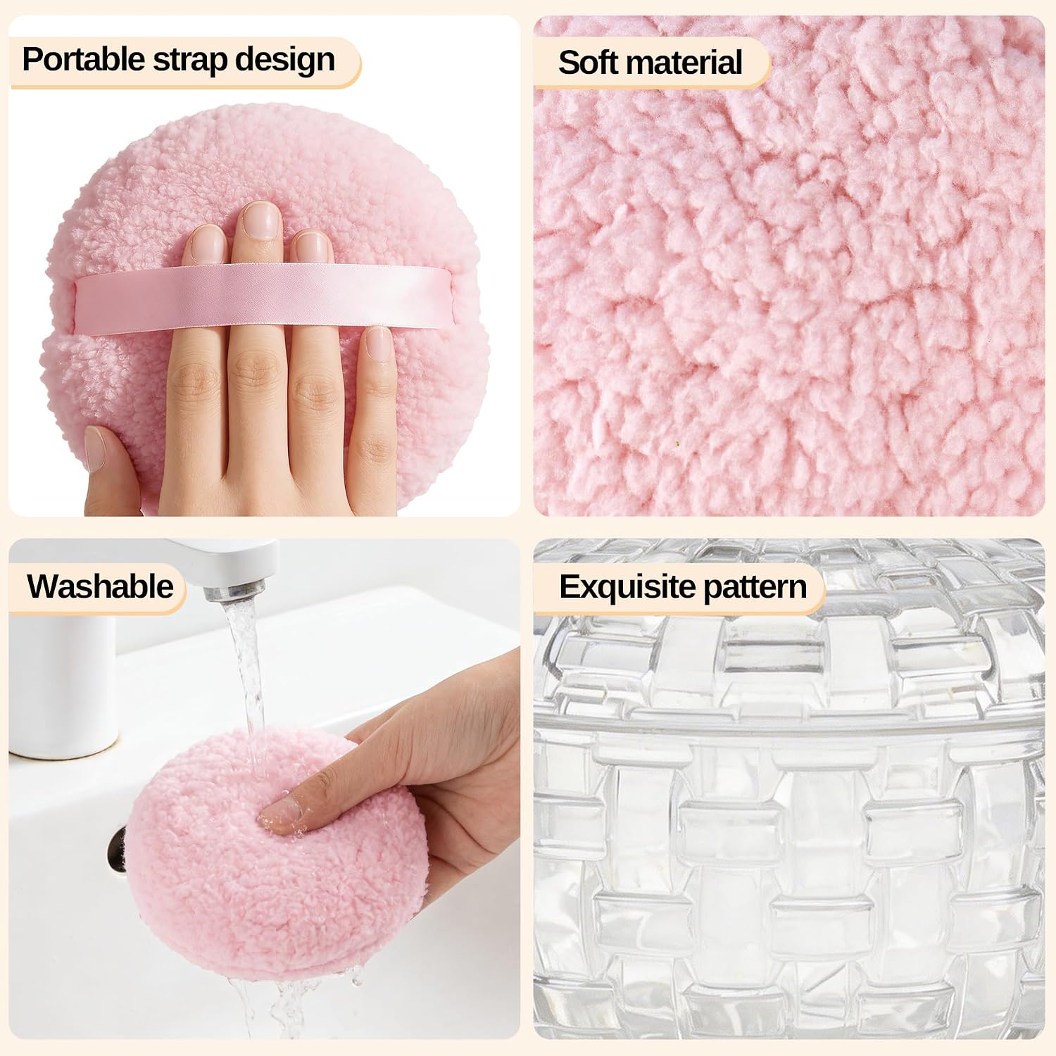 3Pcs Extra Large Powder Puff and Container, 5.9''x 7.0'' Glass Powder Container with Puffs Large Reusable & Washable for Women, Clear