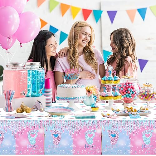 Miniatura 9 de PHOGARY Mantel de revelación de género para bebé, 3 piezas, decoración de revelación de género, mantel desechable rectangular de plástico rosa y