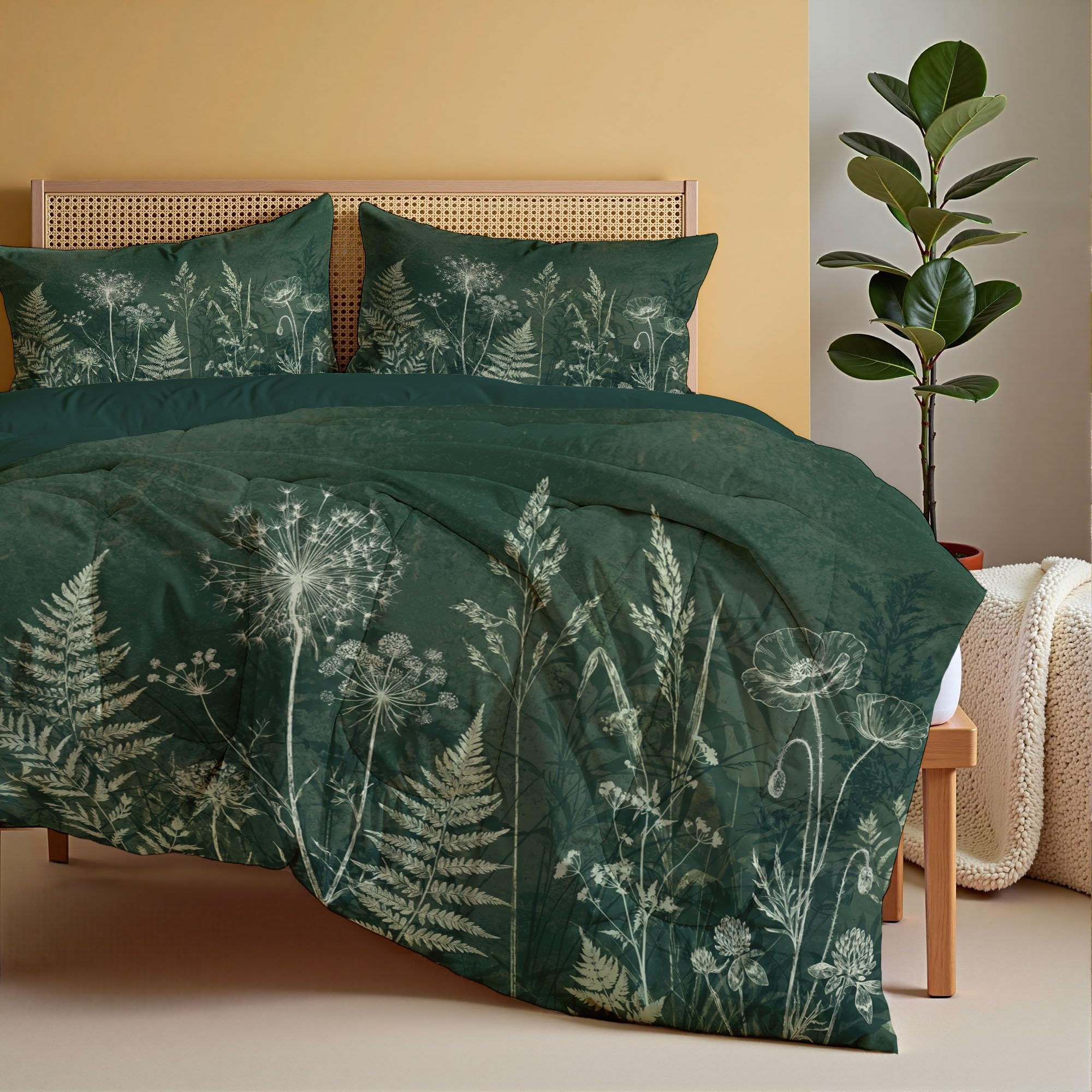 Bettdecke Ohne Bezug Löwenzahn Farne Mohnblumen 140x200cm | 4 Jahreszeiten Waschbare Bettdecken Retro Dunkle Pflanzen Warme Steppdecke - Weiche Wendebettwäsche Mit 2 Kissenbezug