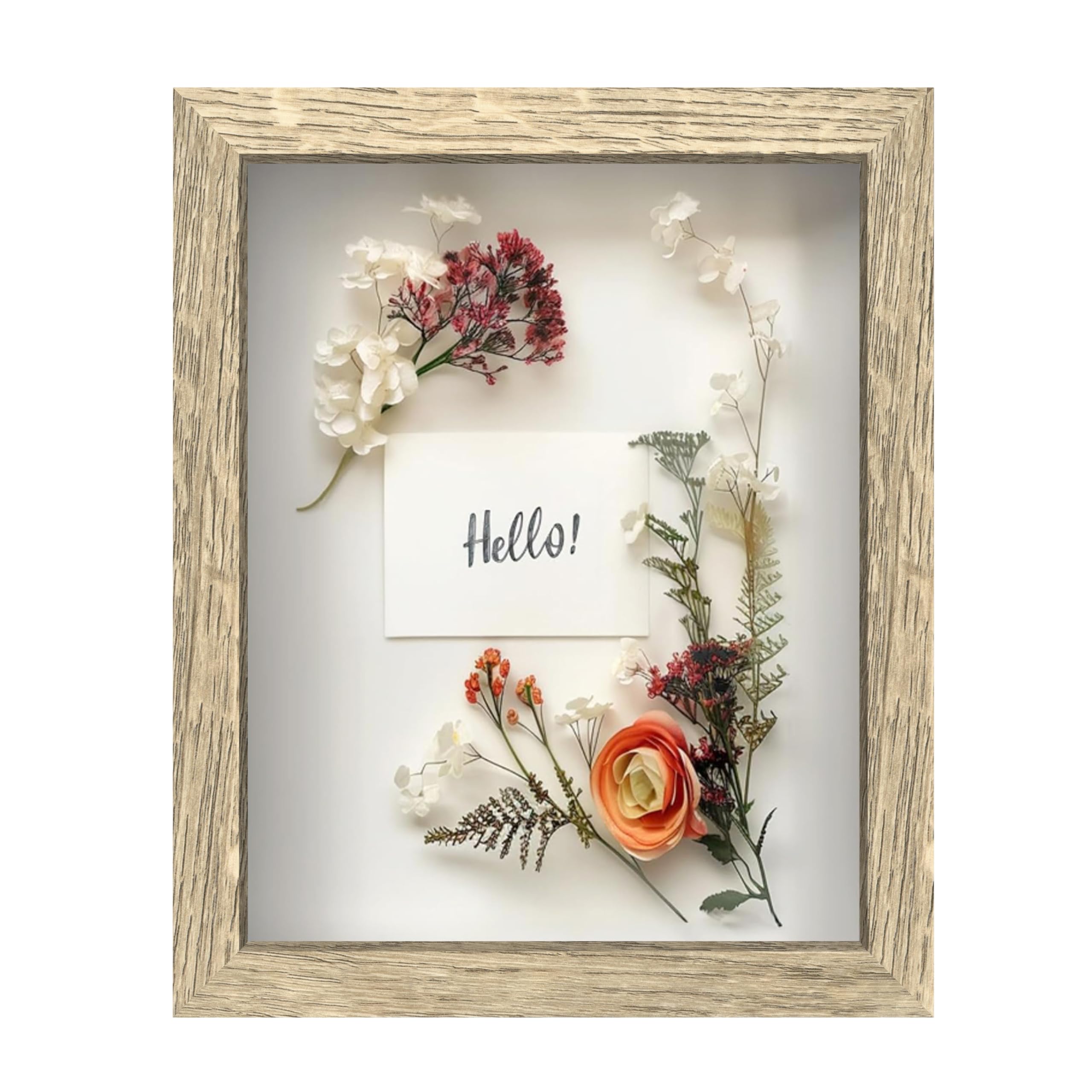 FrameWorks 8x10 Driftwood Wooden Shadow Box Frame – Soft Felt Back, Tempered Glass, and Included Elegant White Ball Push Pins