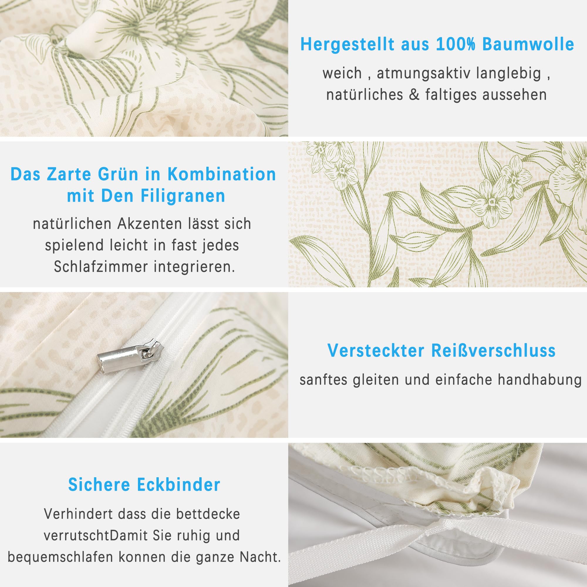 ATsense Komplet pościeli 135 x 200 cm, bawełniany, 4-częściowy, z motywem roślin i kwiatów, z certyfikatem OEKO-TEX, miękki zestaw 2 poszewek na kołdrę z zamkiem błyskawicznym i 2 poszewki na poduszkę