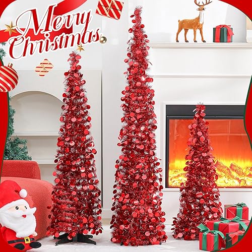 Miniatura 7 de Leyndo 3 piezas de árbol de Navidad artificial plegable plateado de 3, 4, 5 pies, lápiz, árbol de Navidad, oropel delgado árbol de Navidad para el