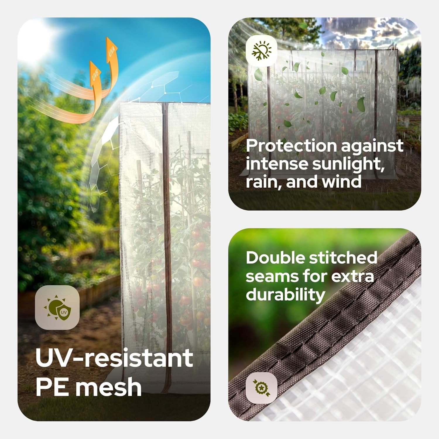 Close-up of robust construction, ground pegs, and stable plug-in system for the greenhouse.