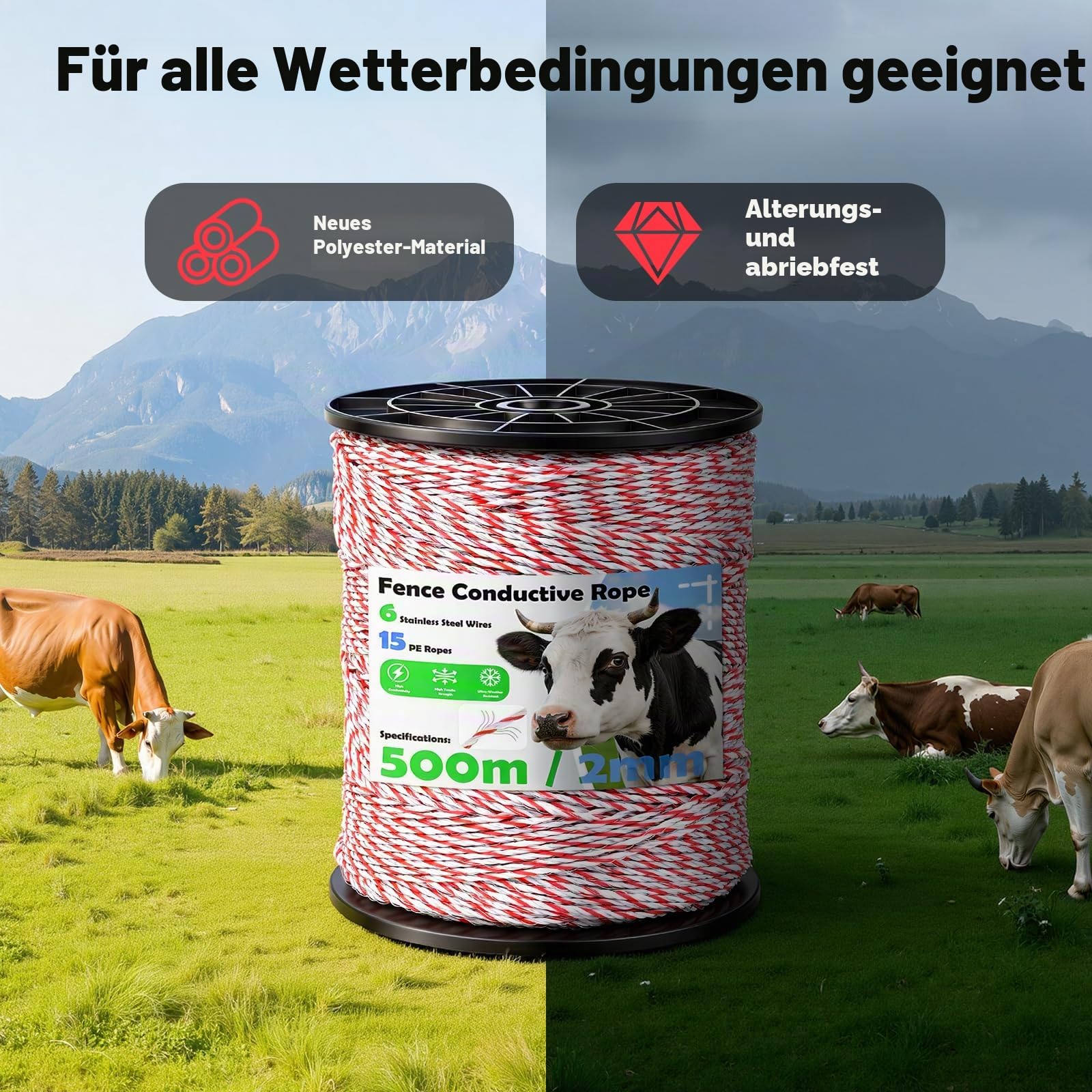 Weidezaunlitze 500m, 2mm 6 Stränge Edelstahl Litze Weidezaun Elektrozaun, Robuste Kordel, Hohe Leitfähigkeit Weidezaun Seil für Hunde, Pferde, Rinder, Schafe (Weiß-Rot)