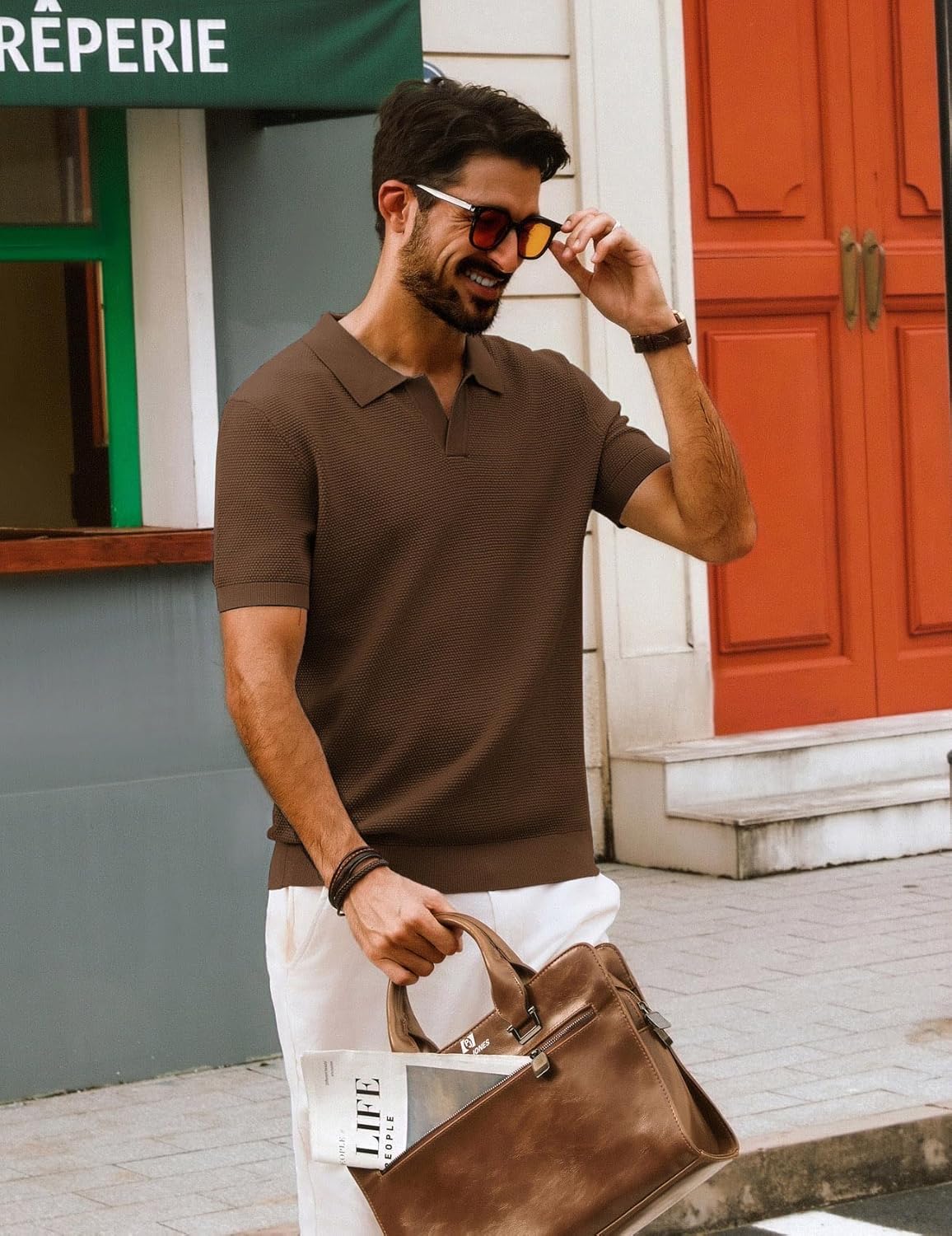 PJ PAUL JONES Mens Polo Shirts Short Sleeve Textured Knit V Neck Shirt Casual Golf Shirts Stylish Old Money Tops - Image 4