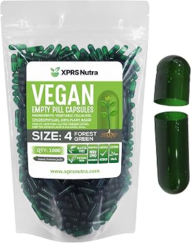 XPRS Nutra Size 4 Empty Capsules - 1000 Count Small Empty Vegan Capsules - Vegetarian Pills - DIY Vegetable Capsule Filling - Fillable Do-It-Yourself Veggie Caps for Supplements Forest Green