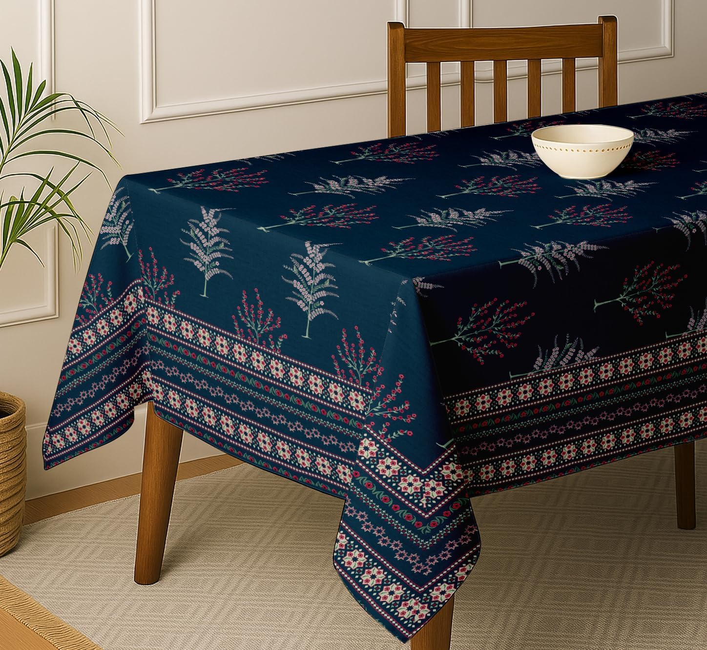 Floral Design Tablecloth- Blue 60x60 Inch Cotton Twill Dining Table Cover, Perfect for 4 Seater Tables, Durable, Protective & Washable, Ideal for Everyday Use, Festive Occasions & Gatherings
