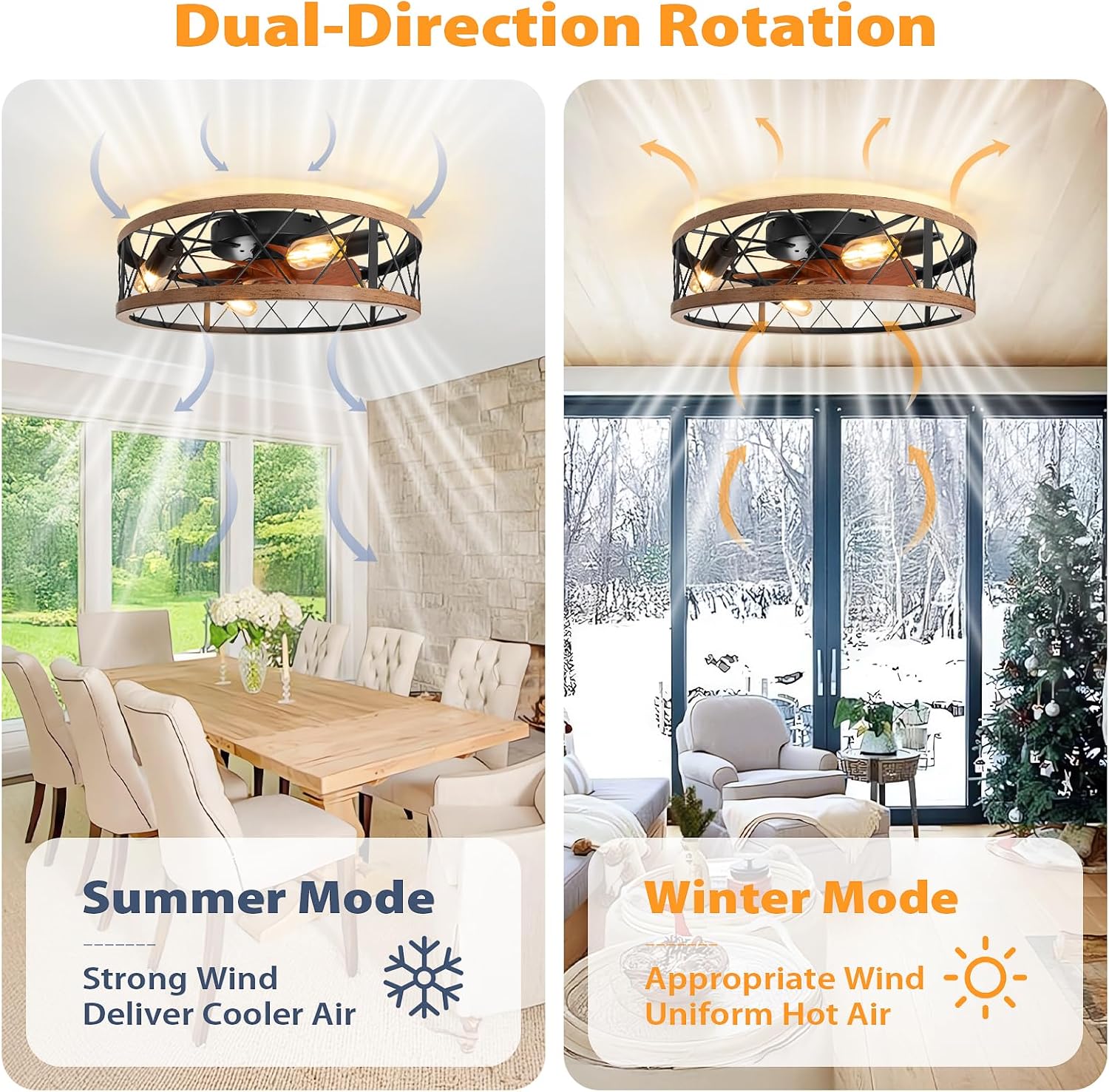 2-in-1 Low Profile Ceiling Fan with Light, 20” Caged Woodgrain-Finish Safety Design for Kids - 3000K, Smart APP/Remote, Quiet Flush Mount DC Motor, Ideal for Bedroom/Living Room Farmhouse Style