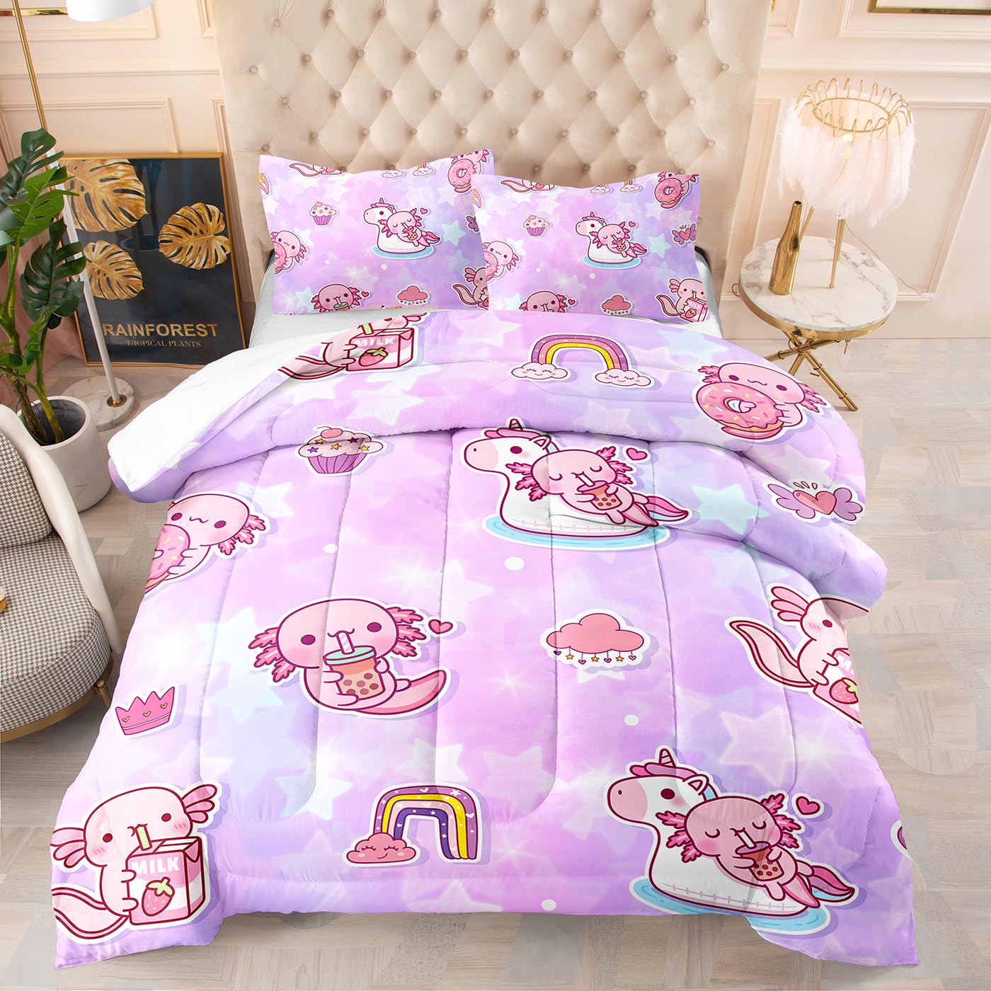 Couette imprimée 240x220 rose en microfibre avec ses 2 taies d'oreiller assorties