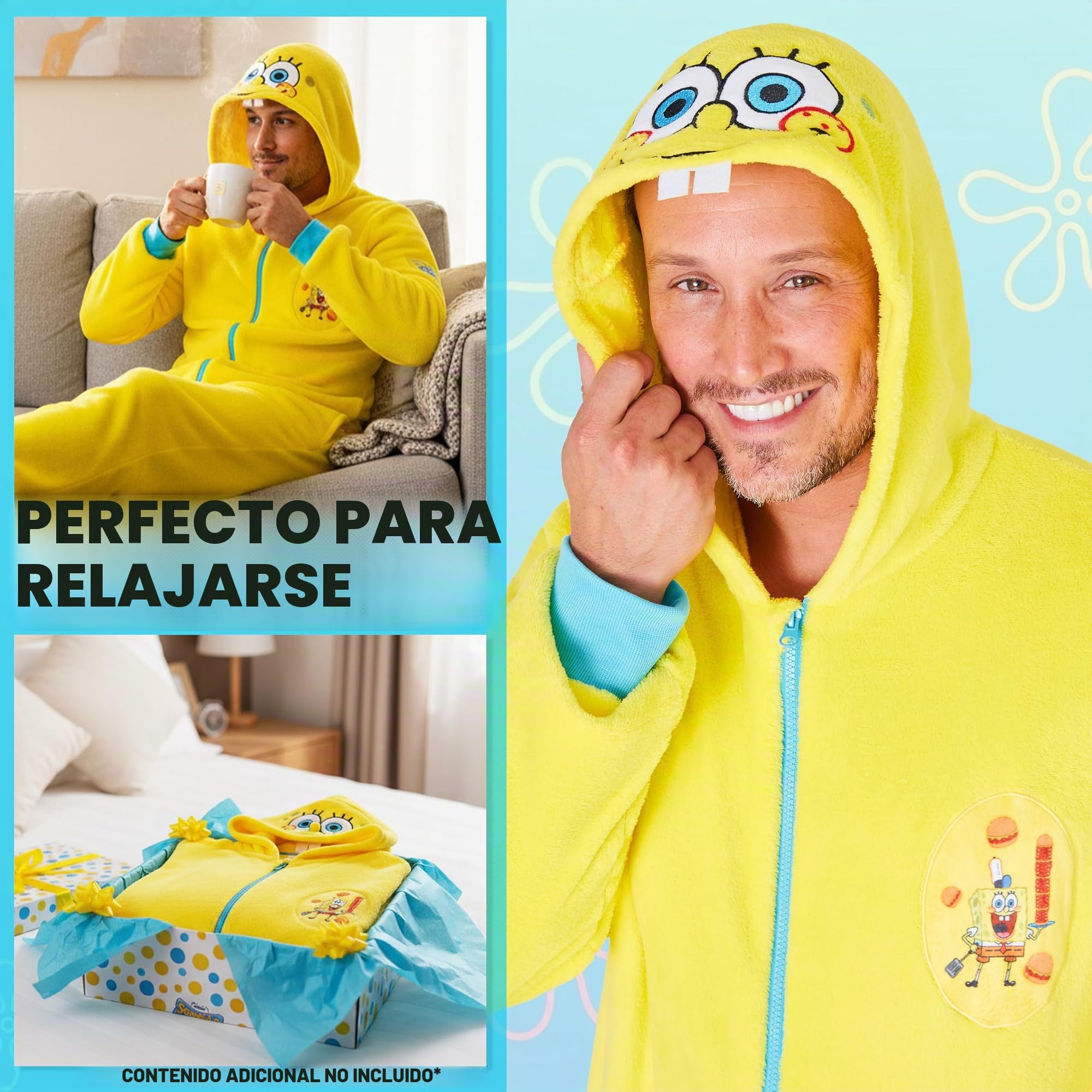 SPONGEBOB SQUAREPANTS Pijama Entero Hombre y Adolescente, S–3XL, Pijama Mono Adulto con Capucha, Regalos Hombre