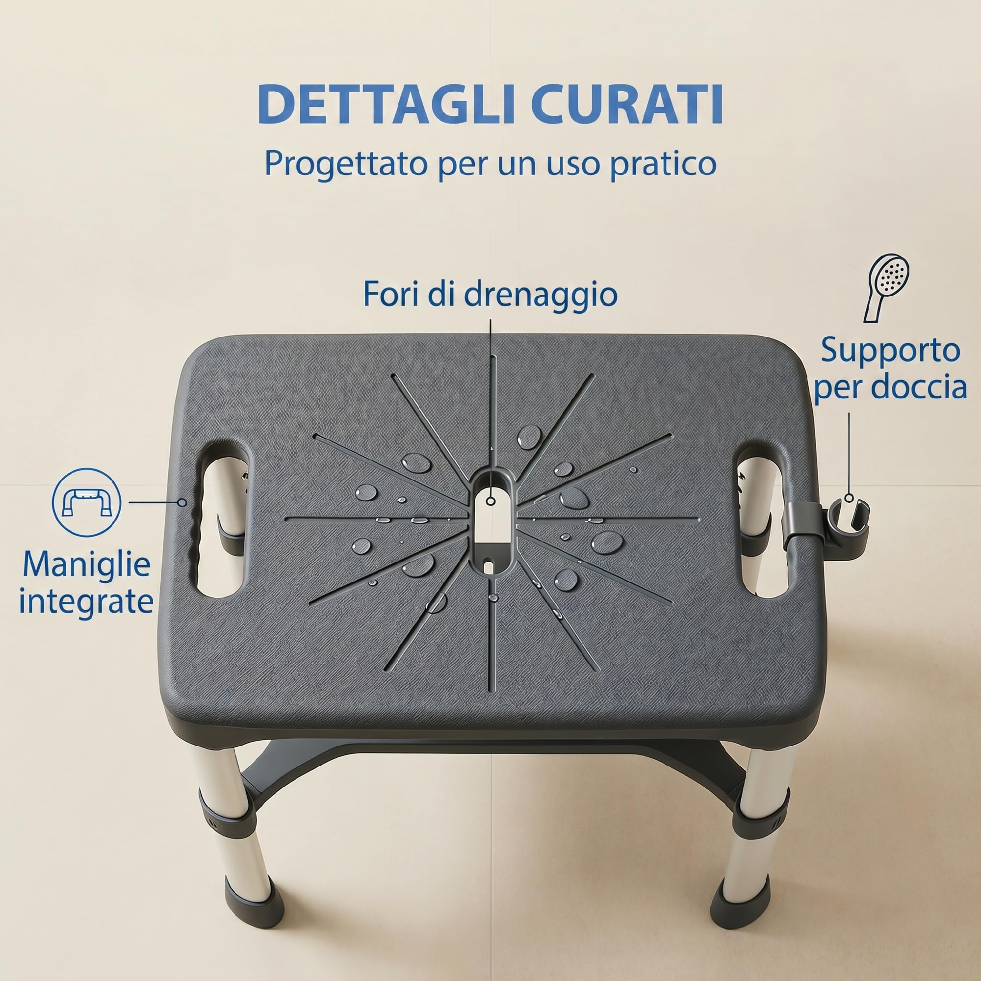 HOMCOM Sgabello per Doccia in Alluminio, Barra a Ventosa, 150kg, Grigio | Mensola Integrato, Sgabello Bagno con Ventosa, Altezza Regolabile 5 Livelli, per Anziani e Disabili