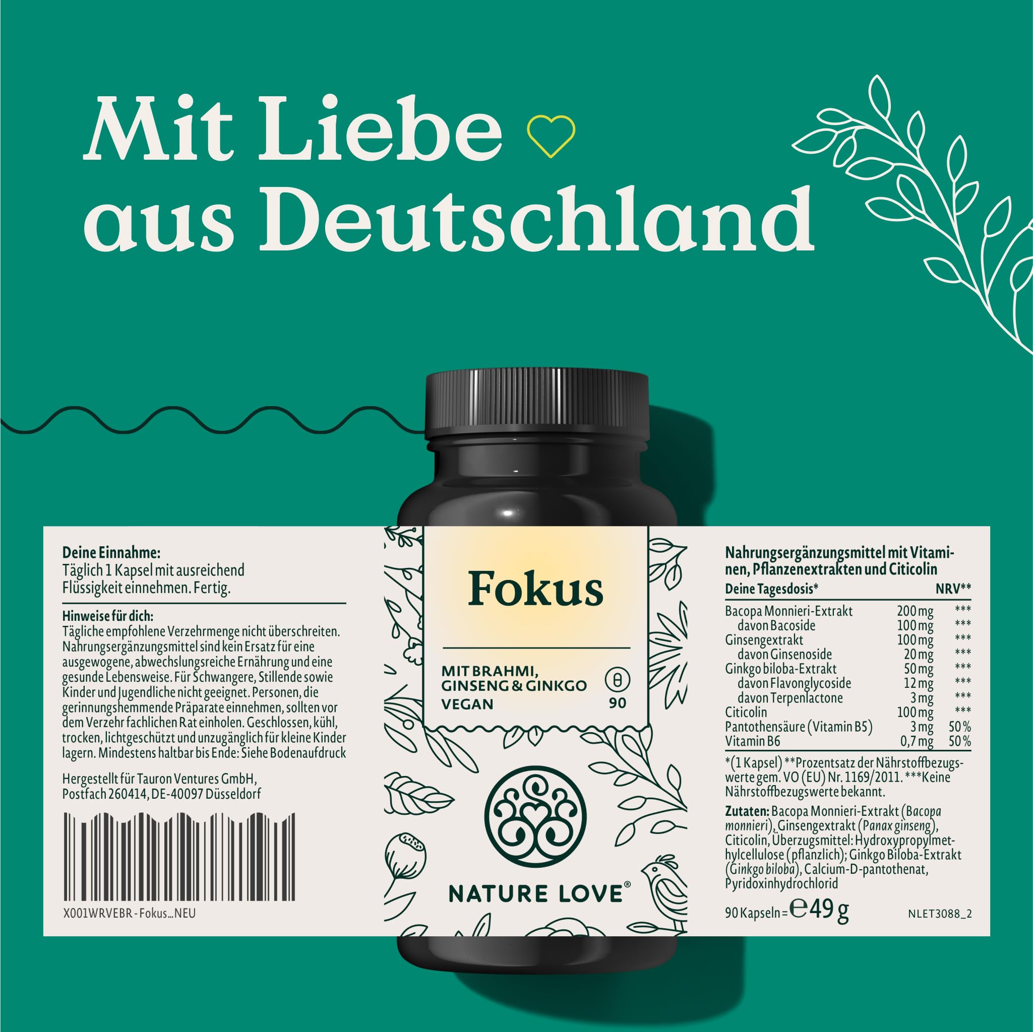 NATURE LOVE® Fokus – 90 Kapseln – mit Ginseng, Ginkgo Biloba, Brahmi & Cholin – Alternative zu Konzentrations Tabletten & Brain Booster – vegan, laborgeprüft, in Deutschland produziert