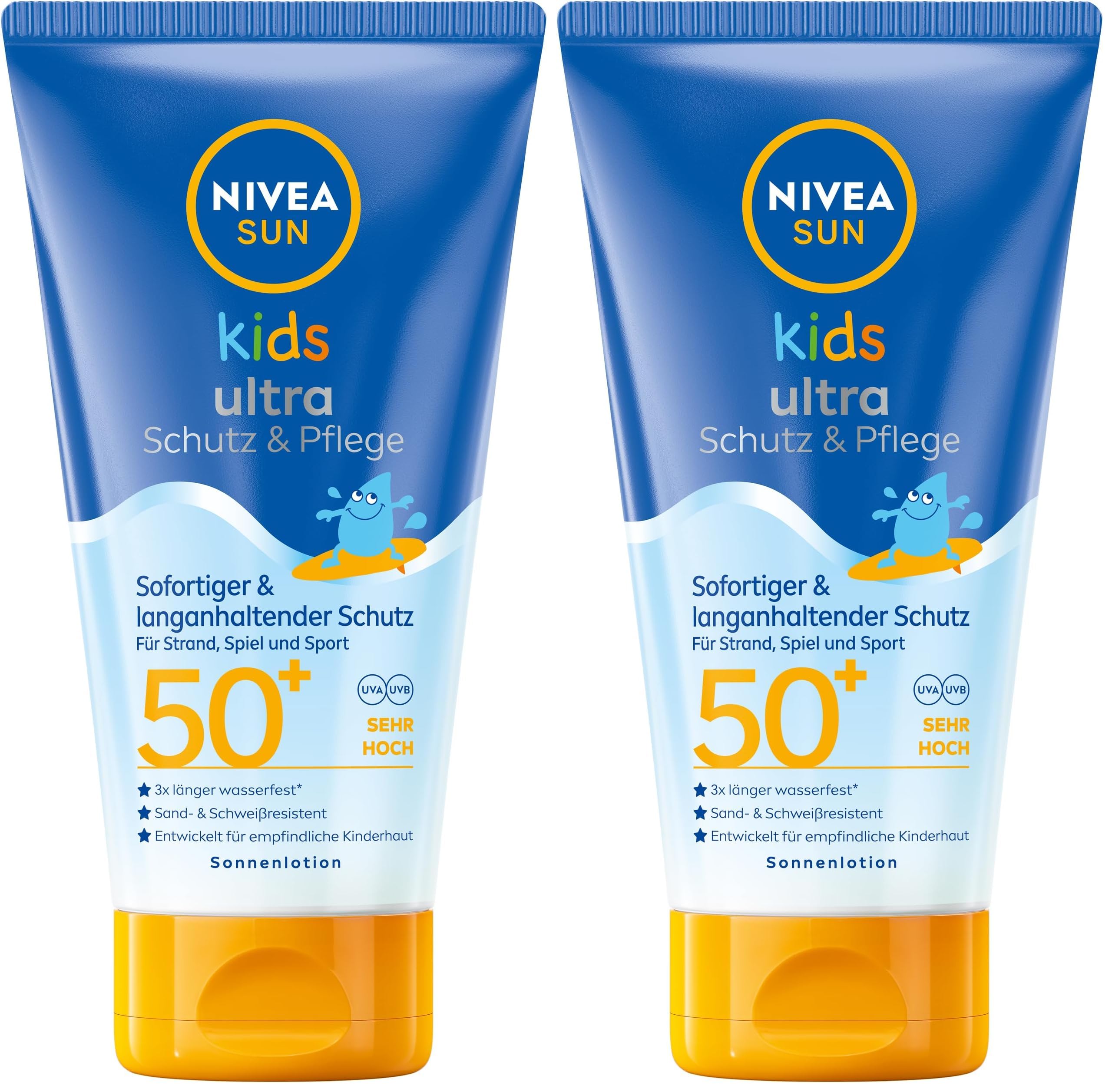 NIVEA SUN Kids Sonnencreme, sofortiger & langanhaltender Sonnenschutz für Kinder, wasserfest, sand- & schweißresistent, Ultra Schutz & Pflege Sonnenlotion mit LSF 50+ (150 ml) (Packung mit 2)