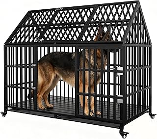 58 inch Heavy Duty Indestructible Dog Crate, New Upgraded Reinforced for Large Dogs,XXL Dog Crate for High Anxiety Dogs/Max Load Capacity 250lbs/Double Door with Wheels
