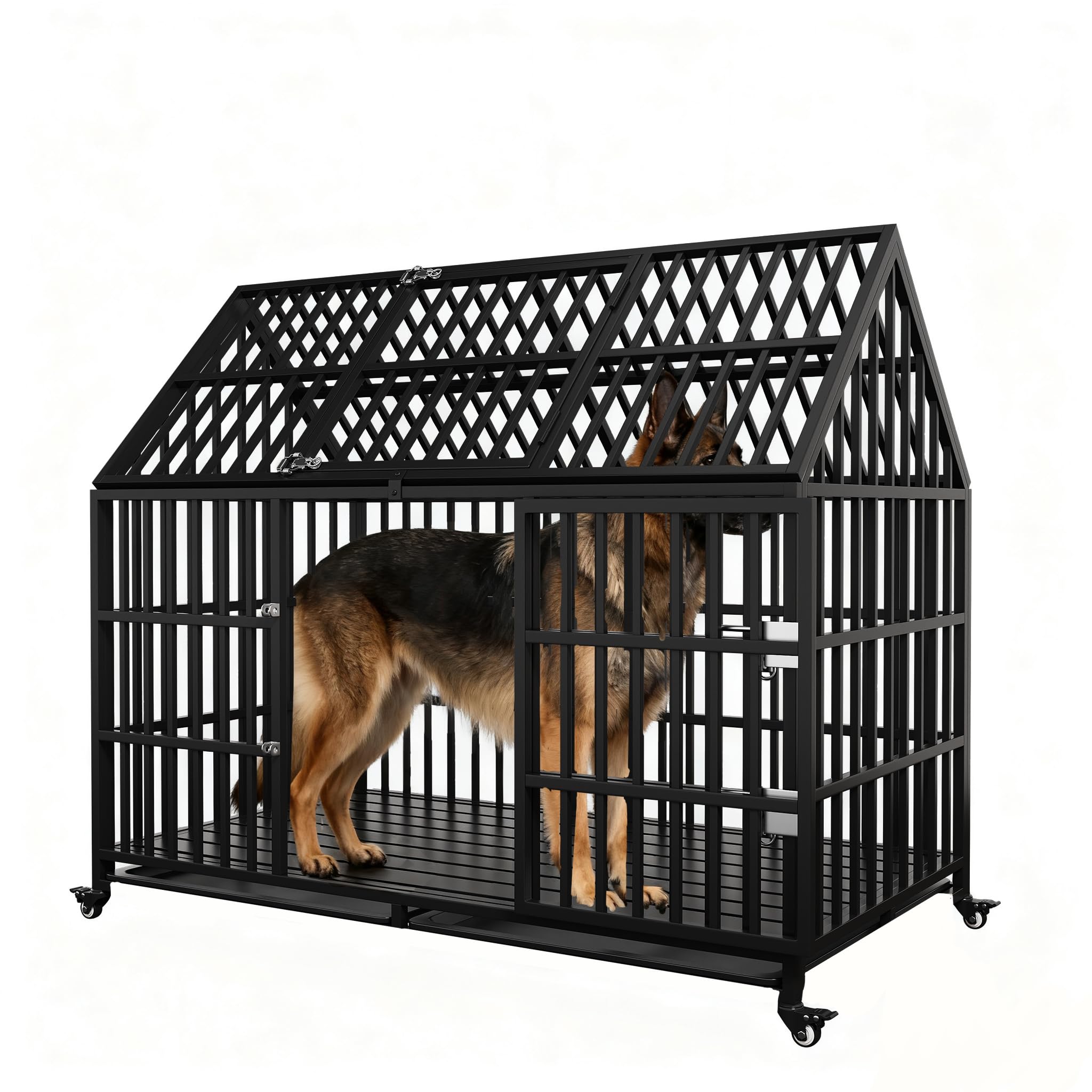 58 inch Heavy Duty Indestructible Dog Crate, New Upgraded Reinforced for Large Dogs,XXL Dog Crate for High Anxiety Dogs/Max Load Capacity 250lbs/Double Door with Wheels