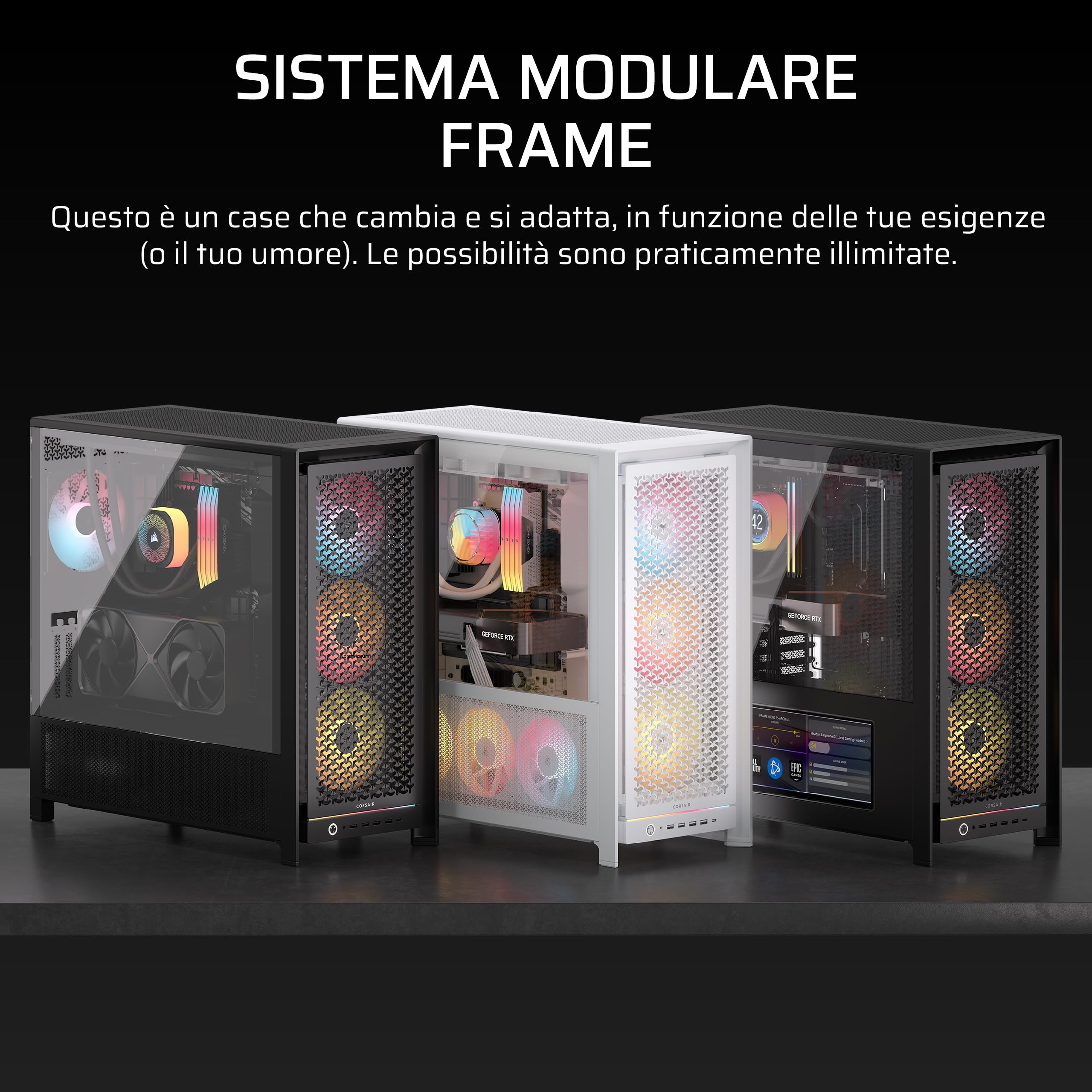 CORSAIR FRAME 5000D RS ARGB Modulare Flusso d'aria Elevato Mid-Tower PC Case – 4x Ventole RS Preinstallate, Sistema di Montaggio Delle Ventole InfiniRail, Scheda Madre a Connettore Inverso – Nero