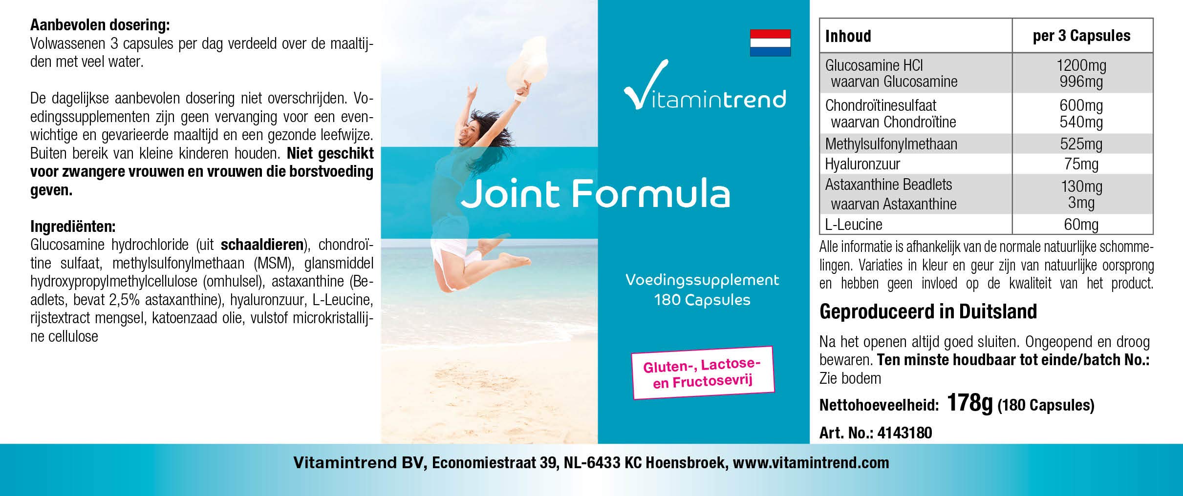 Vitamintrend Joint Formula Gélules pour les articulations, 180 gélules, avec glucosamine, chondroïtine, MSM, acide hyaluronique et astaxanthine, complément alimentaire, fabriqué en Allemagne
