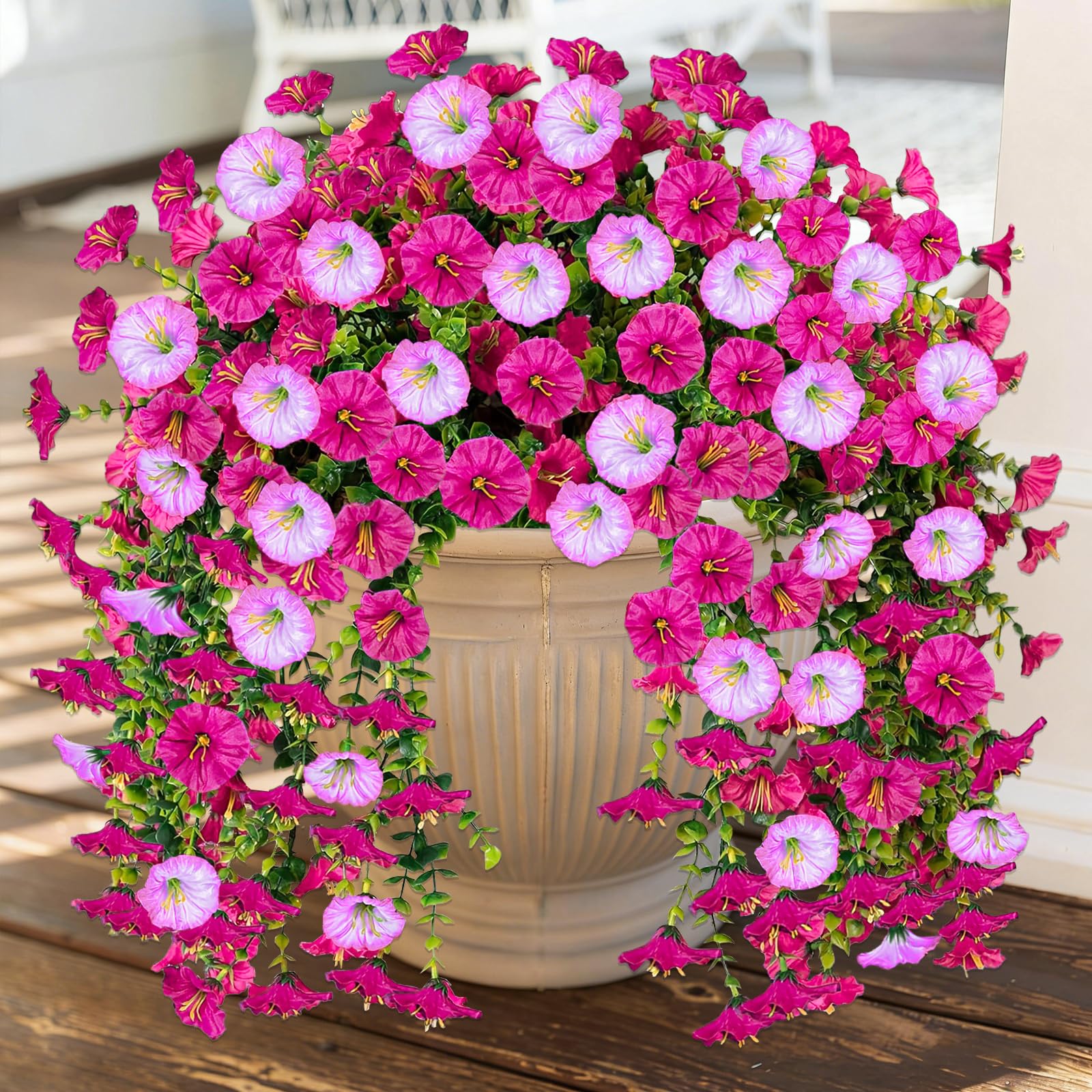 4PCS Artificial Hanging Flowers Outdoor Pink Fake Flowers Artificial Hanging Plants Faux Petunias UV Resistant Fake Trailing Plants Vines for Inddor Home Patio Garden Porch Spring Decorations