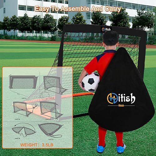 Miniatura 5 de Hitish Porterías de fútbol para niños para patio trasero, redes de fútbol portátiles con bolsa de transporte, equipo de entrenamiento para portería