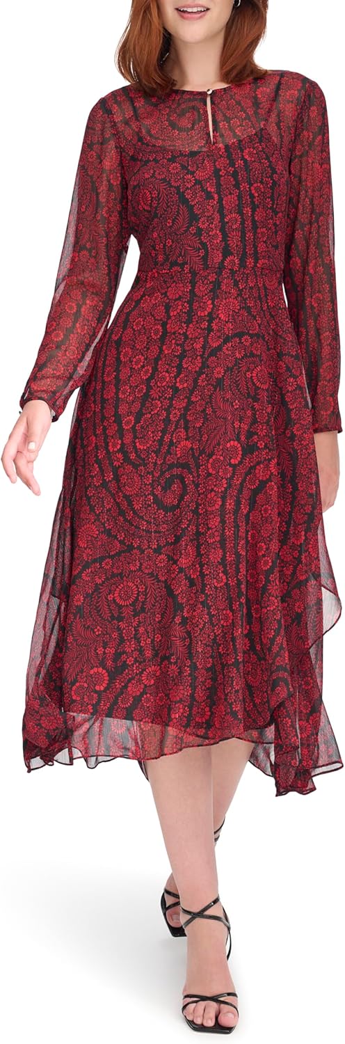 Tommy Hilfiger Women's Long Sleeve High Neck Chiffon Hi Lo Midi Dress