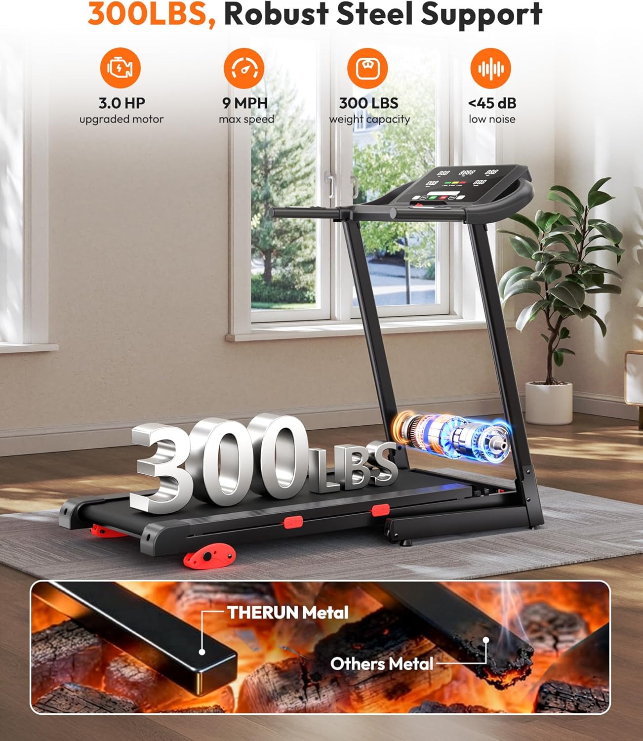 THERUN Incline Treadmill 18" LED Screen & 16.5‘’ Wide Belt, Running Treadmill 2 Layers Shock-Absorbing, Foldable for Indoor Fitness Workouts